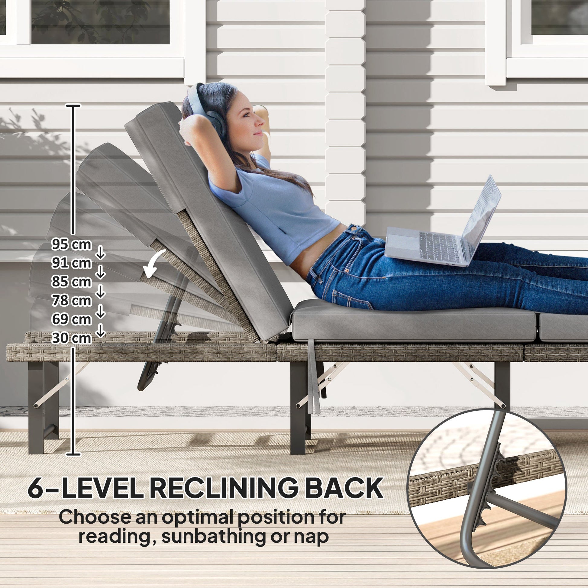 Folding Rattan Sun Lounger, 6-Level Adjustable Garden Lounger Recliner with Cushion, Outdoor Reclining Sunbed, Garden Chair with Steel Frame for Patio, Beach, Terrace, Grey