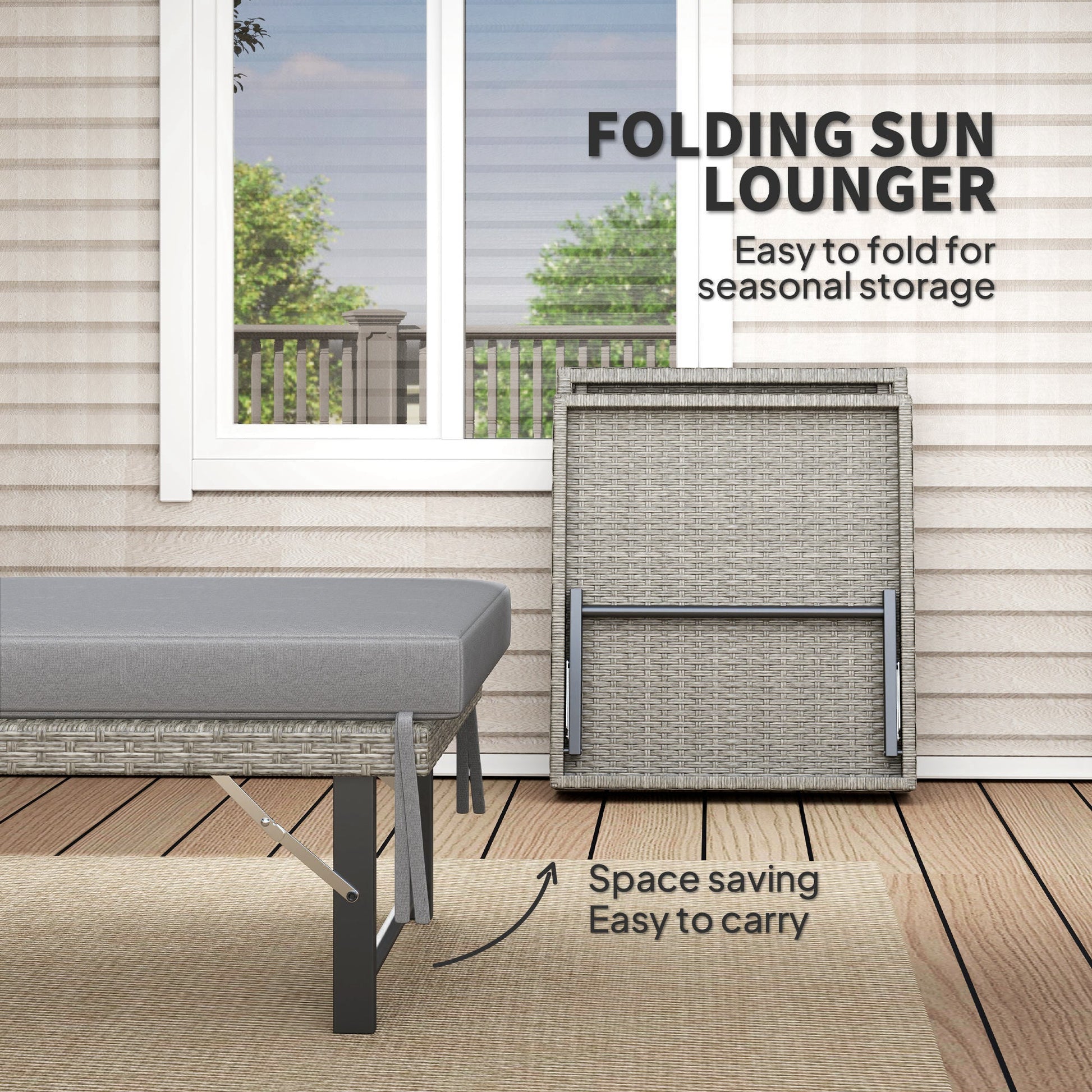 Folding Rattan Sun Lounger, 6-Level Adjustable Garden Lounger Recliner with Cushion, Outdoor Reclining Sunbed, Garden Chair with Steel Frame for Patio, Beach, Terrace, Grey