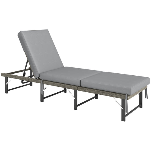 Folding Rattan Sun Lounger, 6-Level Adjustable Garden Lounger Recliner with Cushion, Outdoor Reclining Sunbed, Garden Chair with Steel Frame for Patio, Beach, Terrace, Grey