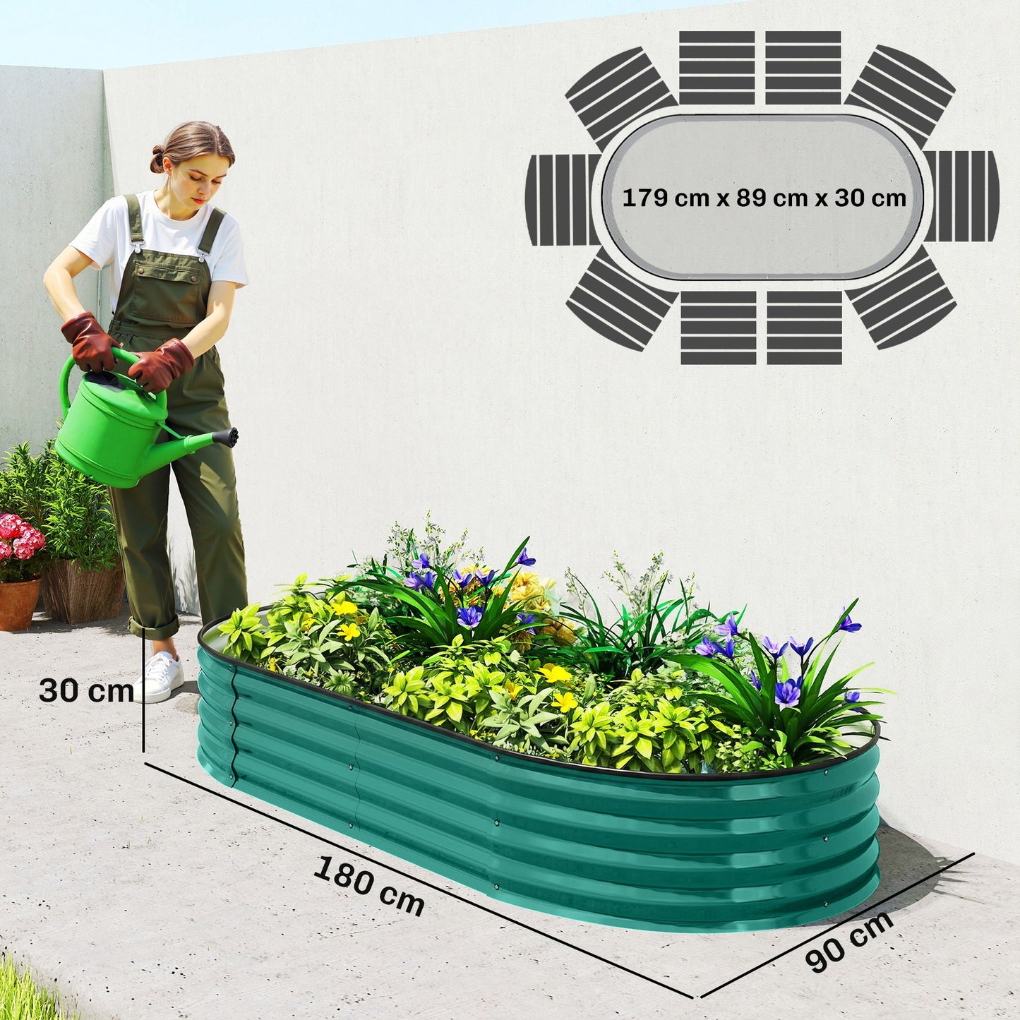 Galvanised Raised Beds for Garden, Metal Elevated Planter Box with Safety Edging, Easy DIY for Growing Flowers, Herbs, Succulents, 180 x 90 x 30cm, Light Green