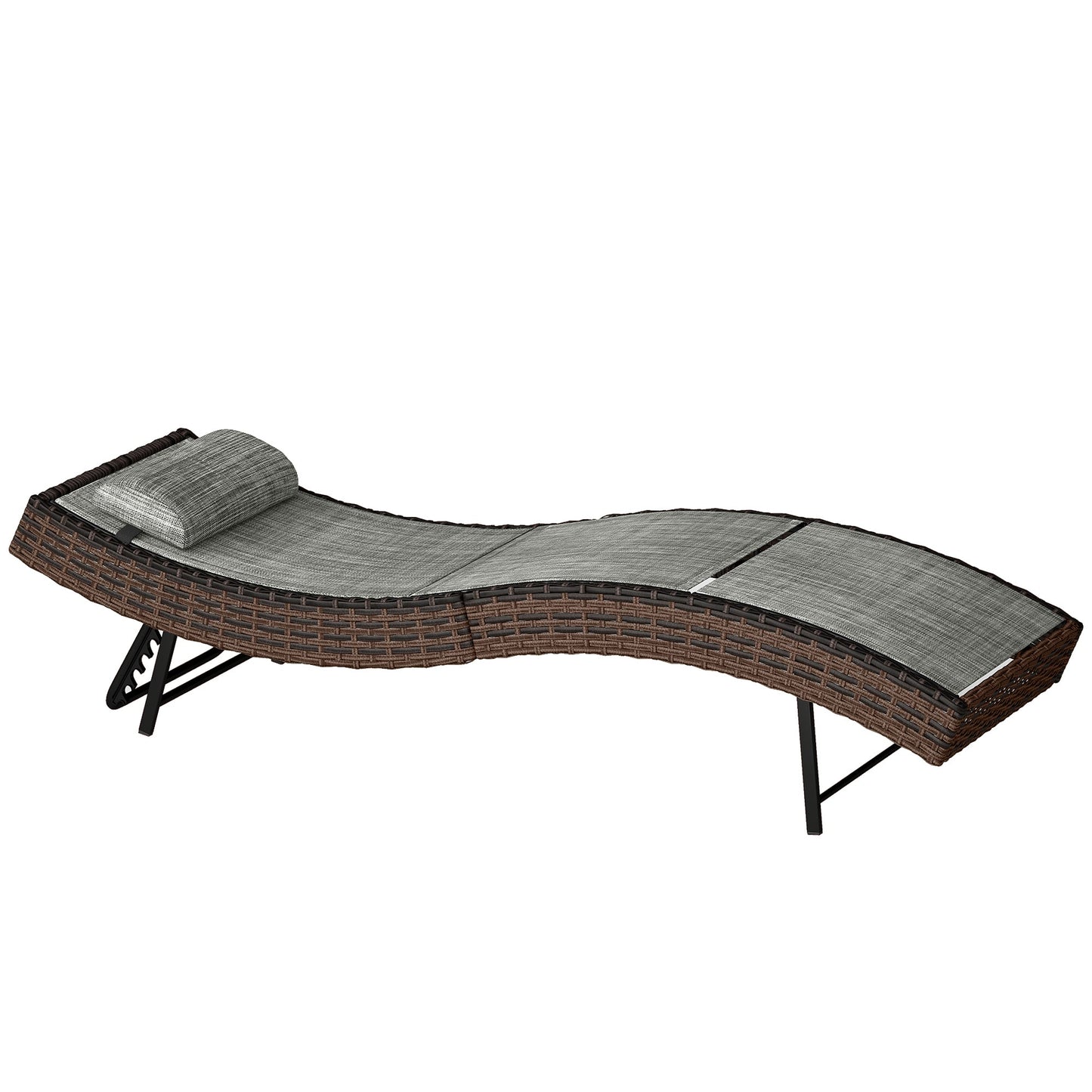 Rattan Sun Lounger, 5 Position Adjustable Garden Lounger Recliner with S Shaped Texteline Seat and Headrest, Reclining Outdoor Sunbed with Metal Frame for Patio, Terrace, Brown