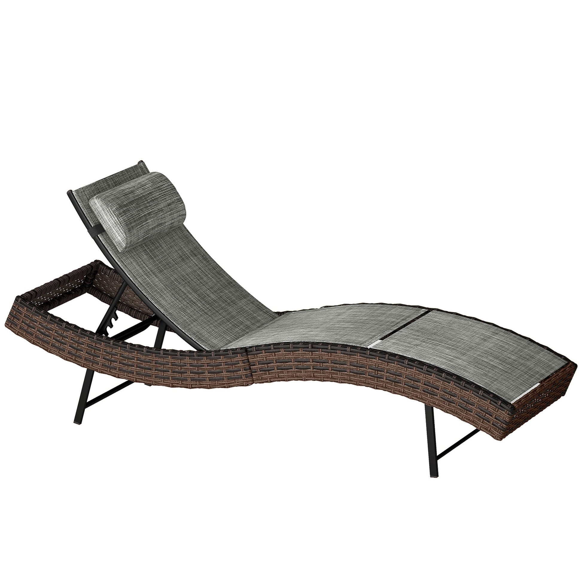 Rattan Sun Lounger, 5 Position Adjustable Garden Lounger Recliner with S Shaped Texteline Seat and Headrest, Reclining Outdoor Sunbed with Metal Frame for Patio, Terrace, Brown