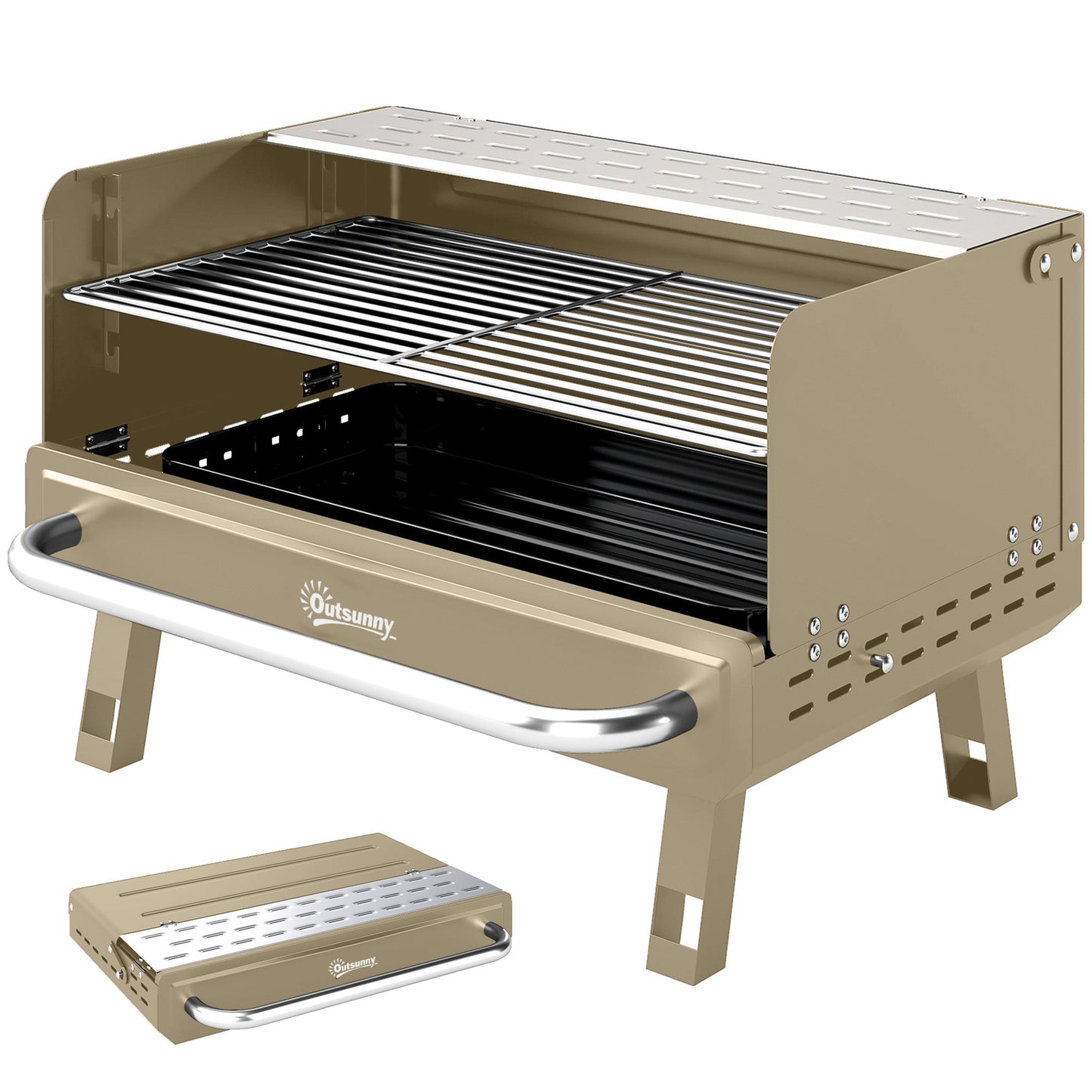 Portable BBQ Grill, Charcoal Barbecue Grill with Adjustable Grates, Foldable Legs and Side Shelf for Camping Hiking Picnic Travel Garden Outdoor Cooking, Khaki