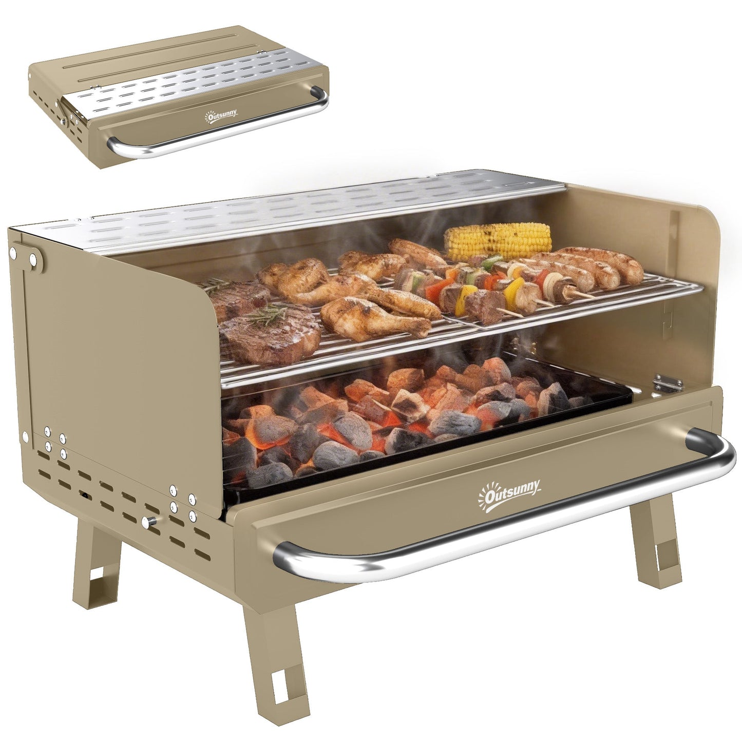 Portable BBQ Grill, Charcoal Barbecue Grill with Adjustable Grates, Foldable Legs and Side Shelf for Camping Hiking Picnic Travel Garden Outdoor Cooking, Khaki