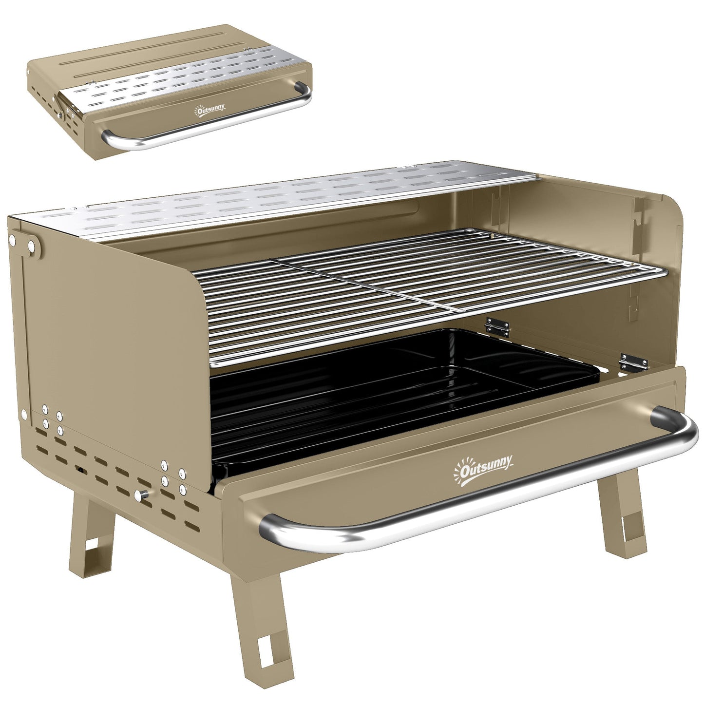 Portable BBQ Grill, Charcoal Barbecue Grill with Adjustable Grates, Foldable Legs and Side Shelf for Camping Hiking Picnic Travel Garden Outdoor Cooking, Khaki