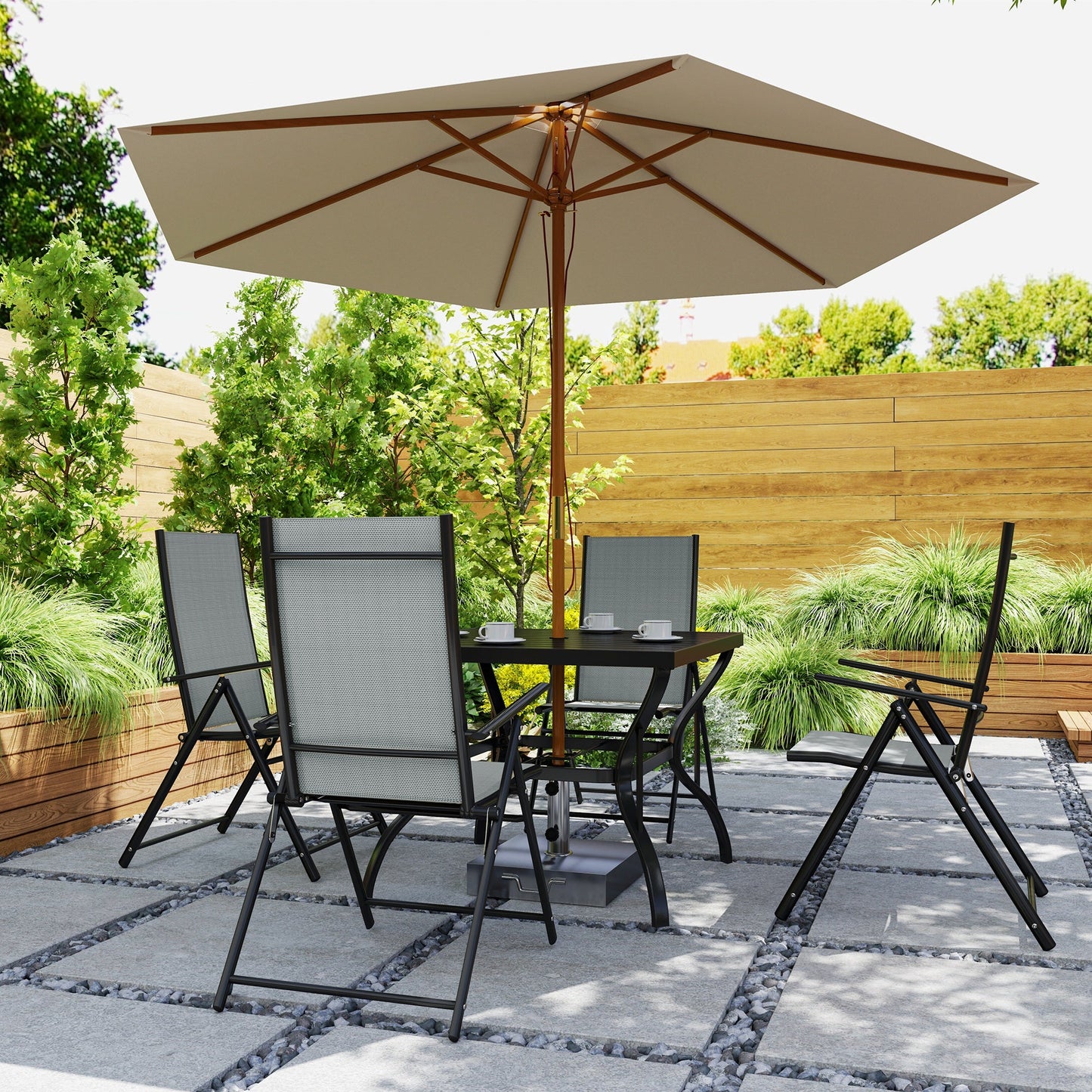 5 Pieces Garden Dining Set, 4 Seater Garden Furniture Set with Parasol Hole, Outdoor Dining Set with High Back Folding Chairs and Square Metal Top Table for Outdoor Patio, Grey