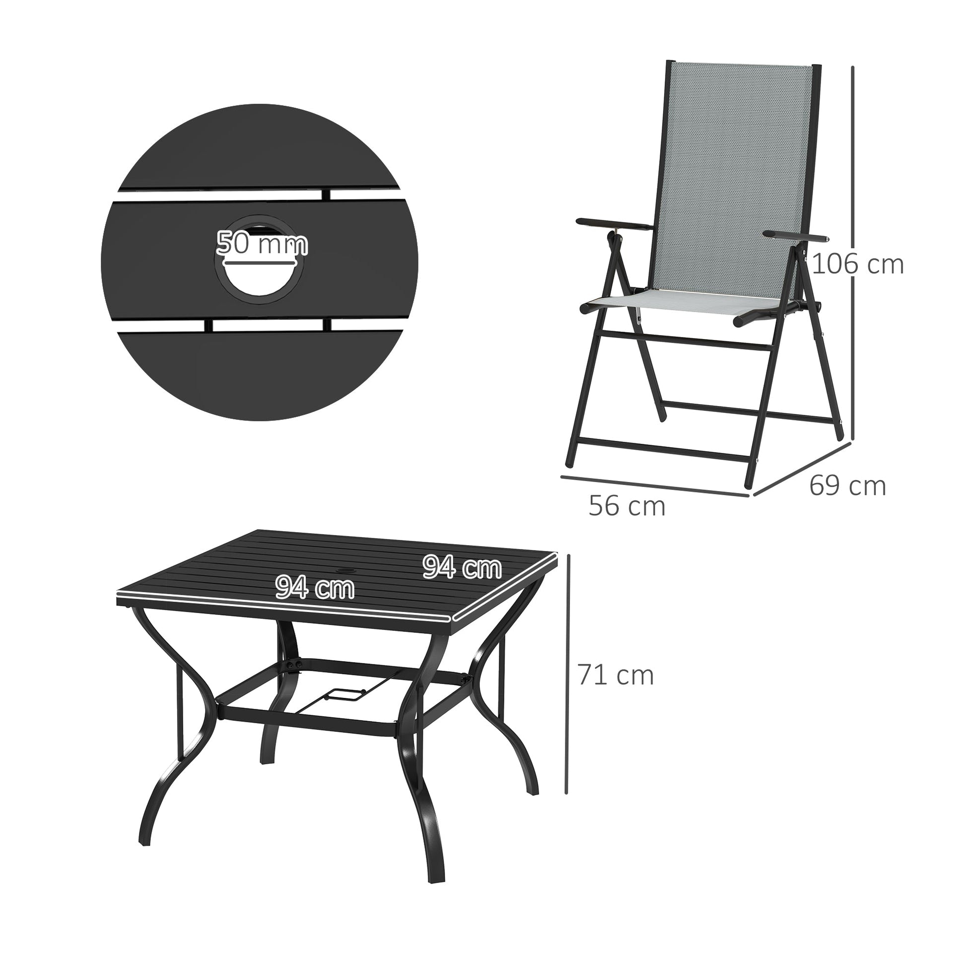 5 Pieces Garden Dining Set, 4 Seater Garden Furniture Set with Parasol Hole, Outdoor Dining Set with High Back Folding Chairs and Square Metal Top Table for Outdoor Patio, Grey