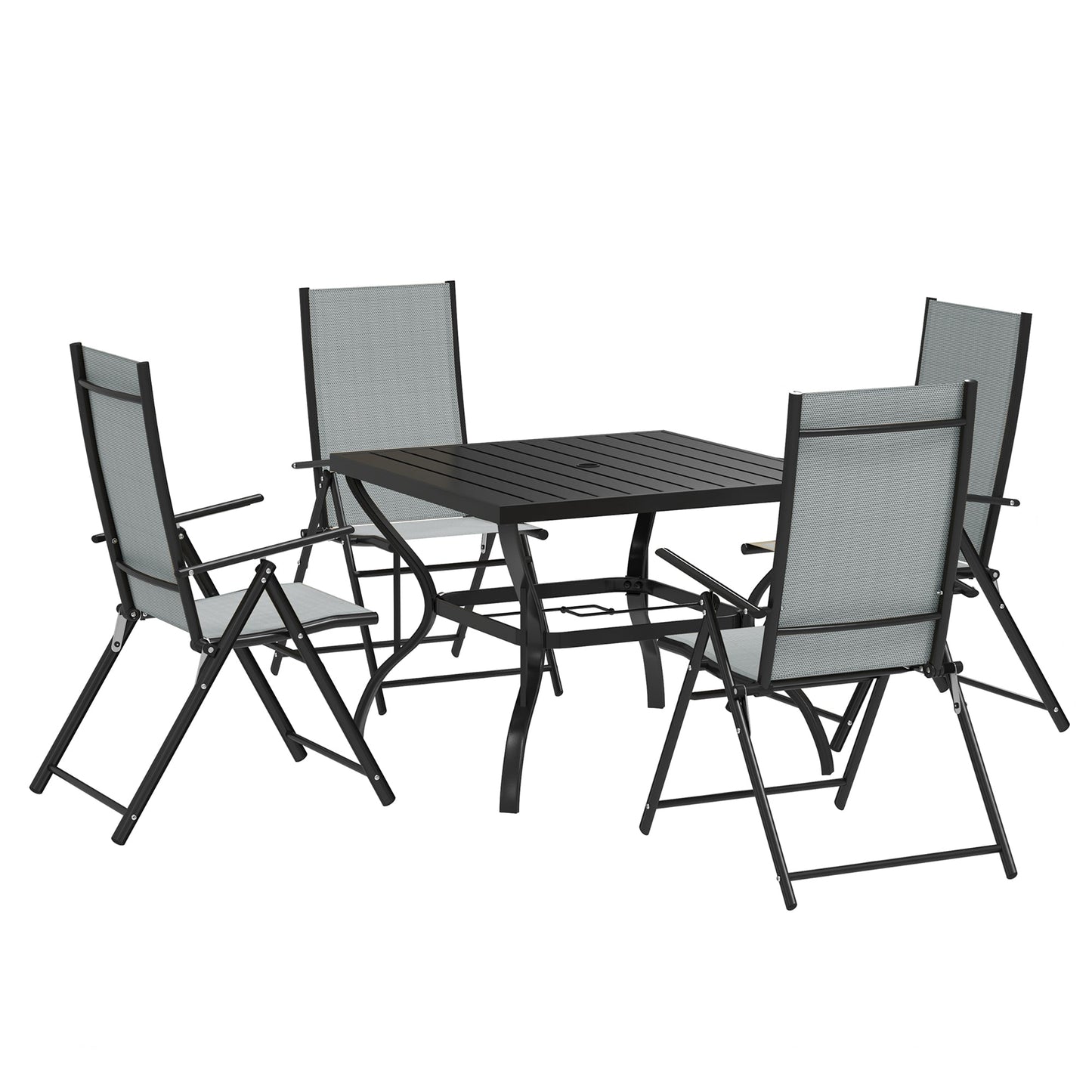 5 Pieces Garden Dining Set, 4 Seater Garden Furniture Set with Parasol Hole, Outdoor Dining Set with High Back Folding Chairs and Square Metal Top Table for Outdoor Patio, Grey