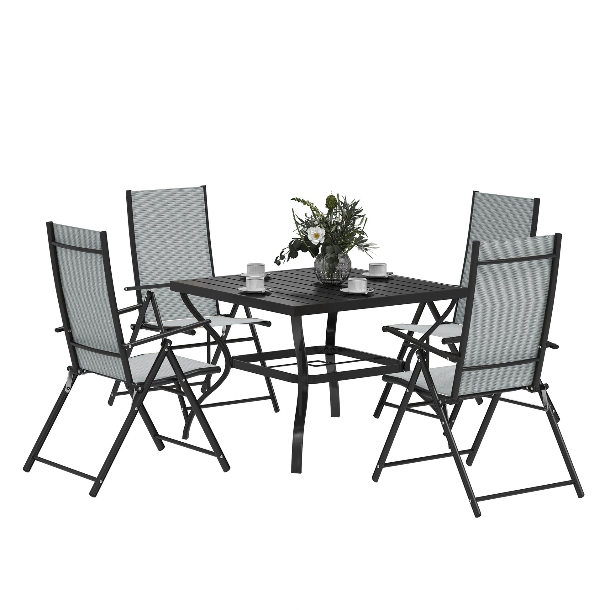 5 Pieces Garden Dining Set, 4 Seater Garden Furniture Set with Parasol Hole, Outdoor Dining Set with High Back Folding Chairs and Square Metal Top Table for Outdoor Patio, Grey