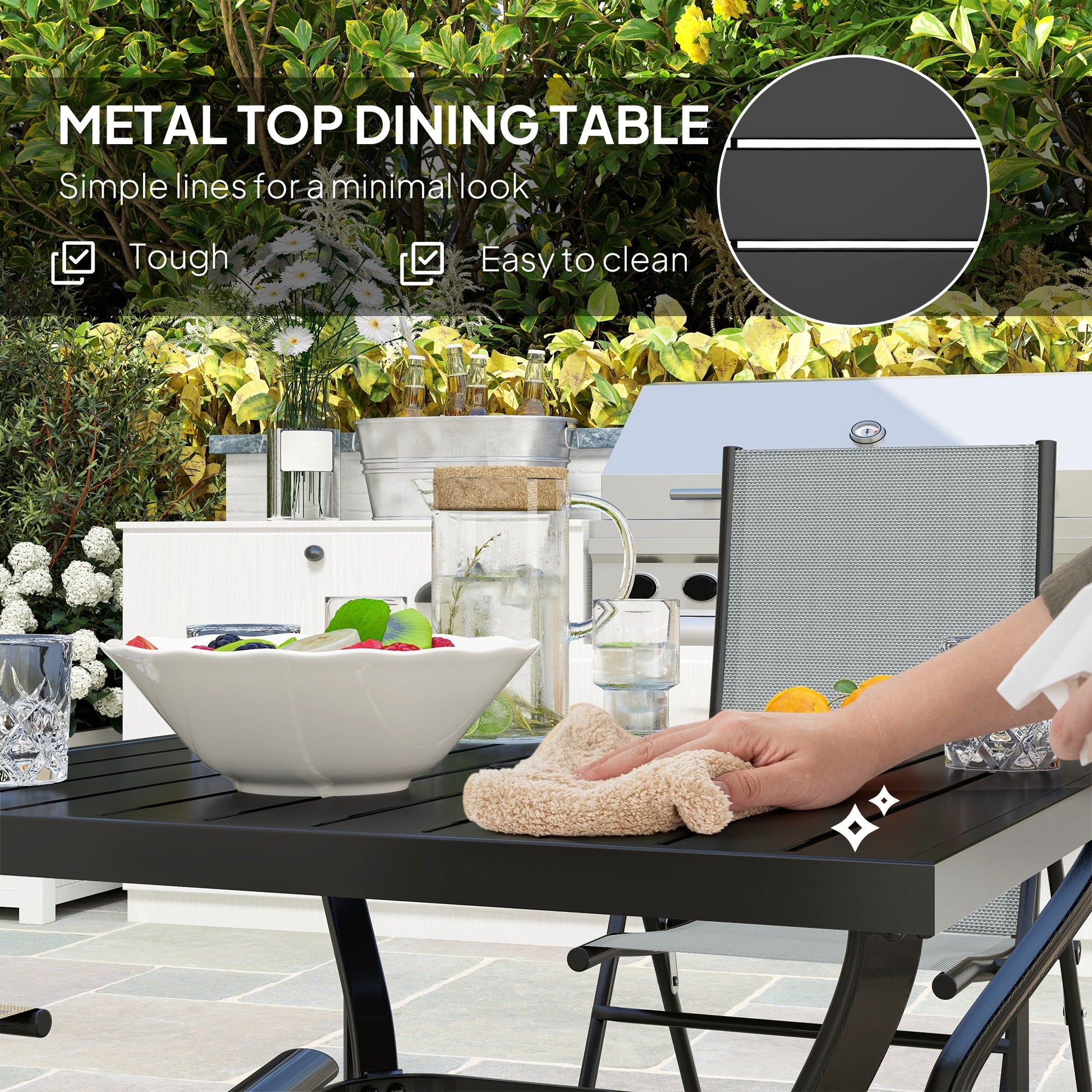 5 Pieces Garden Dining Set, 4 Seater Garden Furniture Set with Parasol Hole, Outdoor Dining Set with High Back Folding Chairs and Square Metal Top Table for Outdoor Patio, Grey