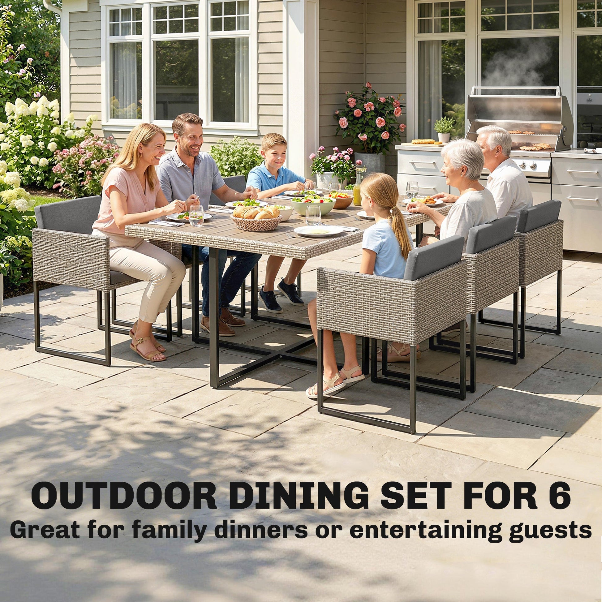 7 Piece Rattan Garden Furniture Set, Garden Dining Set with Wood-Plastic Table and 6 Stackable Chairs, Rattan Table and Chairs with 12 Cushions for Patio Terrace, Light Grey