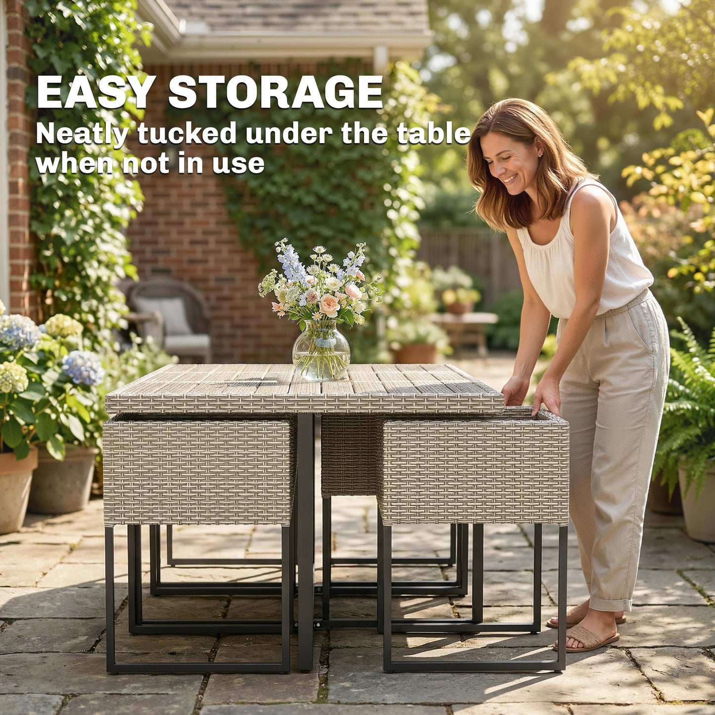 7 Piece Rattan Garden Furniture Set, Garden Dining Set with Wood-Plastic Table and 6 Stackable Chairs, Rattan Table and Chairs with 12 Cushions for Patio Terrace, Light Grey