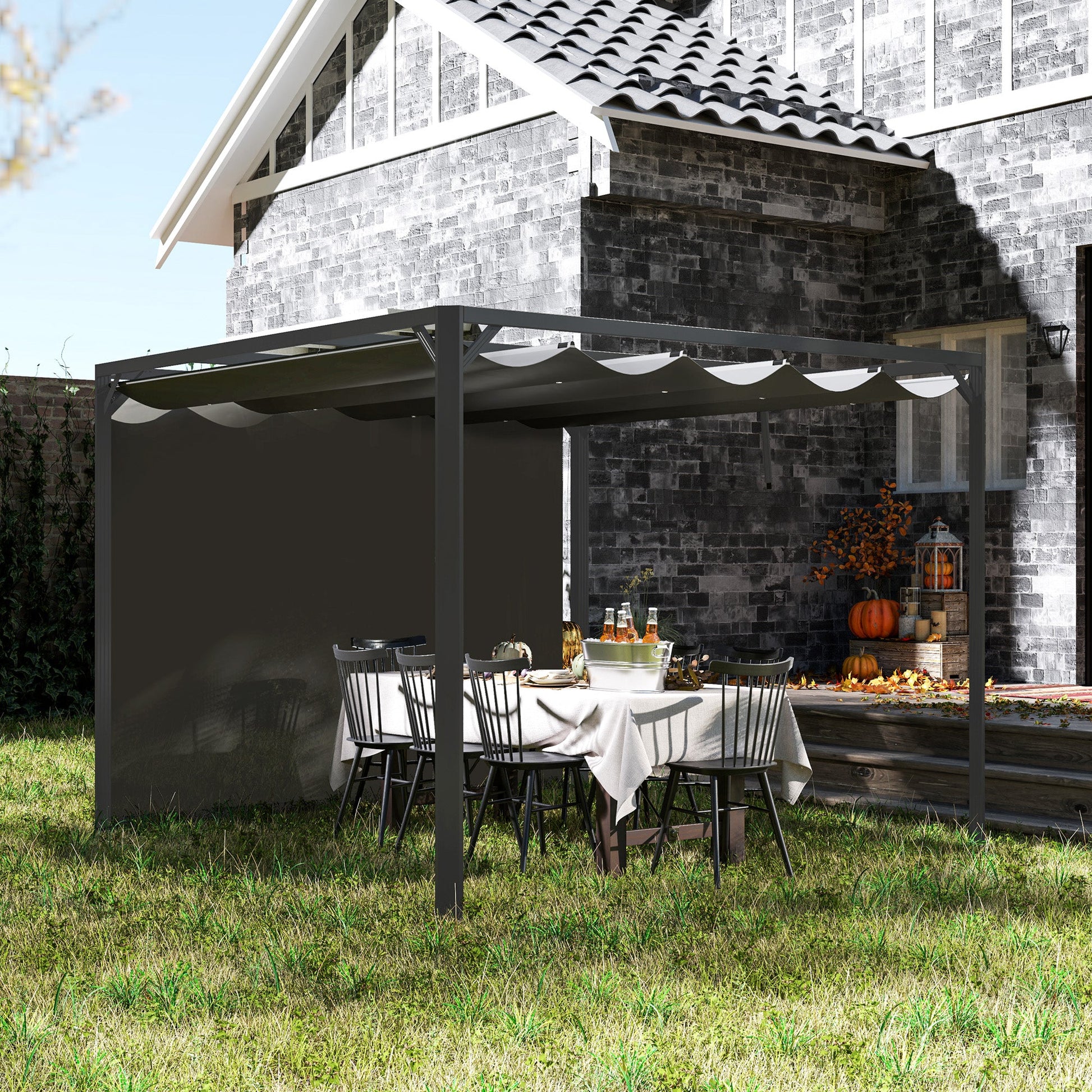 3 x 3(m) Garden Pergola with Retractable Roof Canopy and Roller Shade, Aluminium Pergola Kit Gazebo, UPF30+ Sun Shade Shelter for Deck, Porch, Dark Grey
