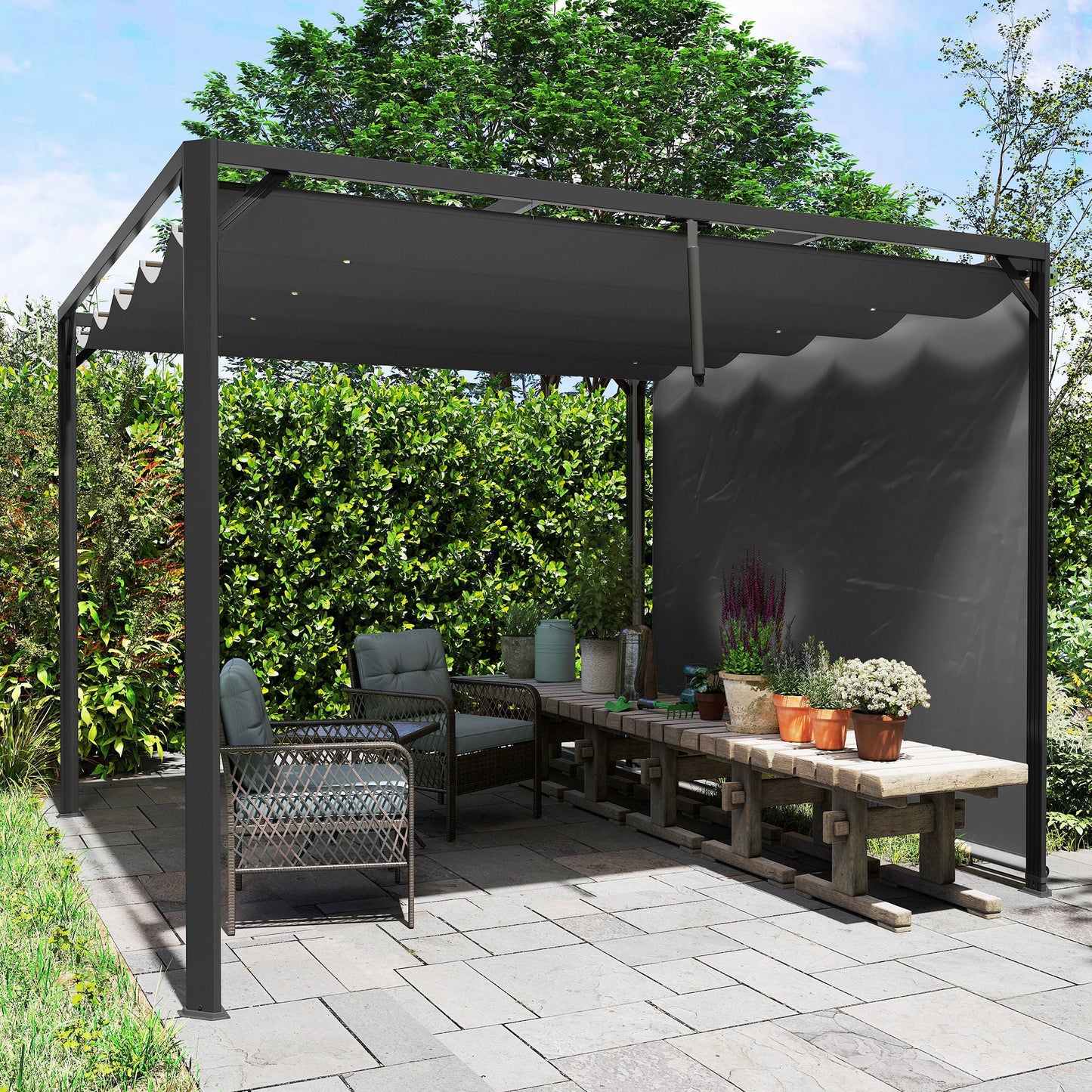 3 x 3(m) Garden Pergola with Retractable Roof Canopy and Roller Shade, Aluminium Pergola Kit Gazebo, UPF30+ Sun Shade Shelter for Deck, Porch, Dark Grey