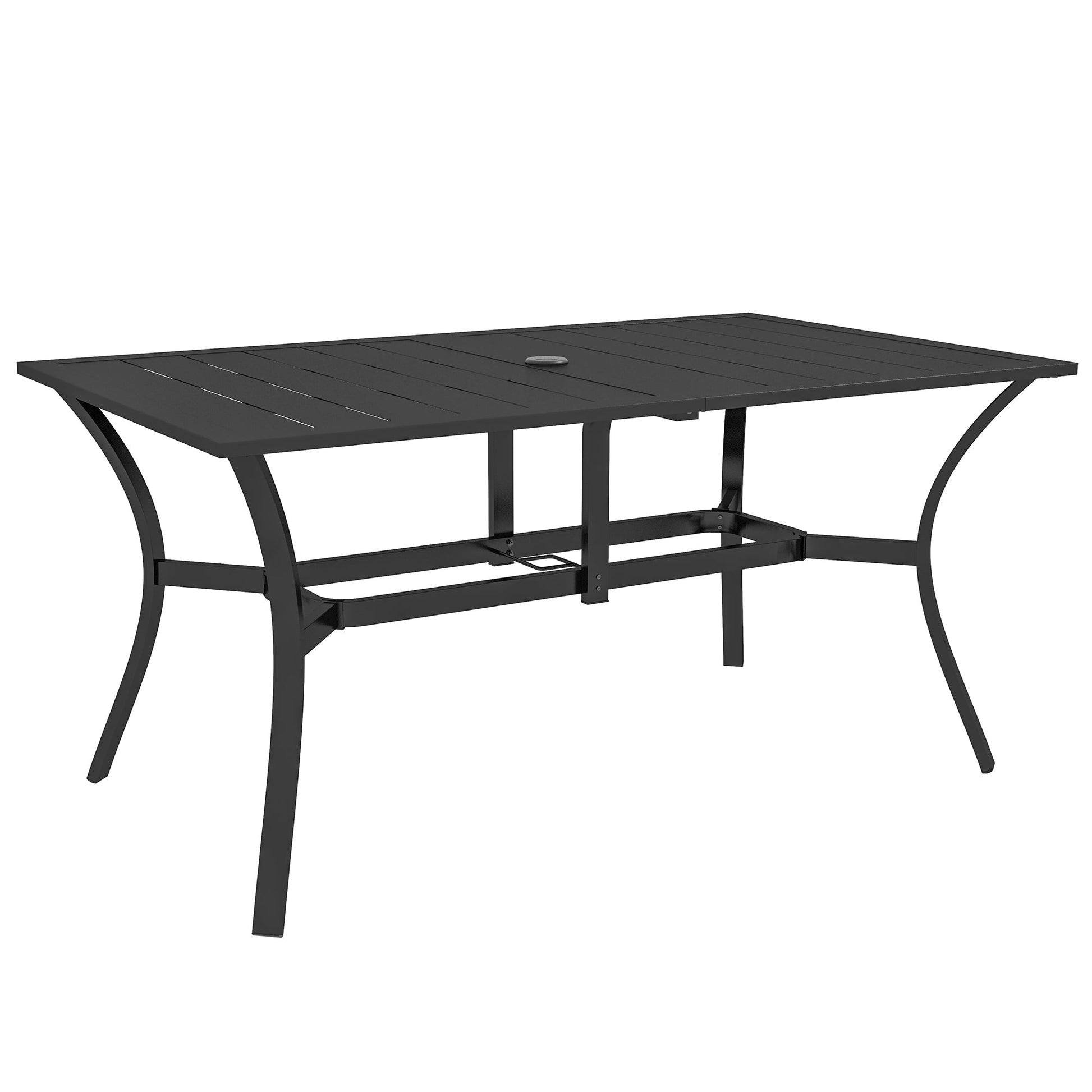 Rectangle Garden Table with Parasol Hole, Outdoor Dining Table for 6, Patio Table with Steel Frame and Slat Tabletop for Balcony, 150cm x 90cm, Black