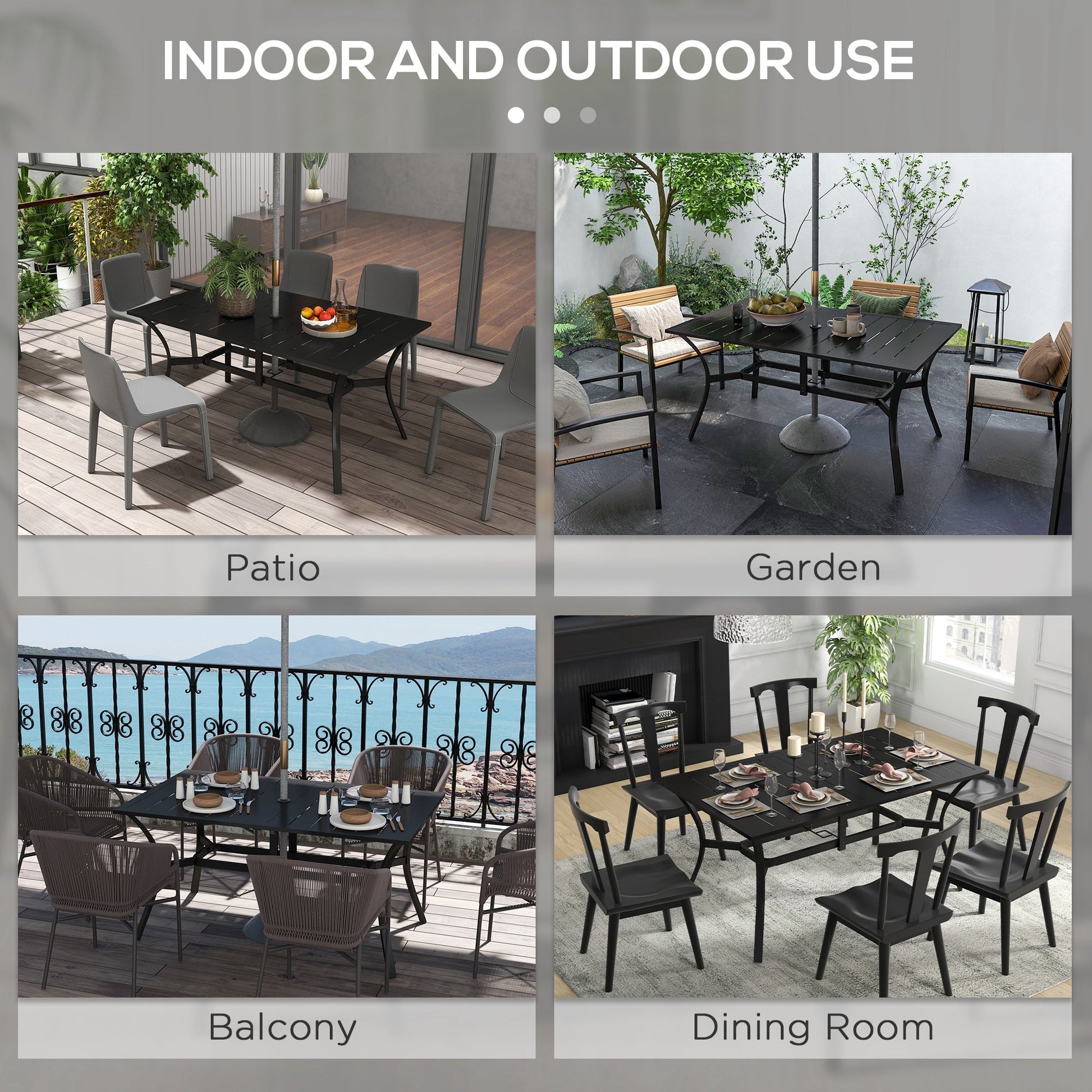 Rectangle Garden Table with Parasol Hole, Outdoor Dining Table for 6, Patio Table with Steel Frame and Slat Tabletop for Balcony, 150cm x 90cm, Black