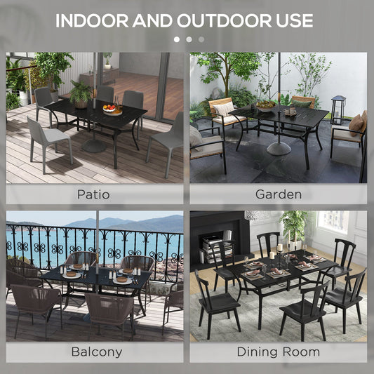 Rectangle Garden Table with Parasol Hole, Outdoor Dining Table for 6, Patio Table with Steel Frame and Slat Tabletop for Balcony, 150cm x 90cm, Black