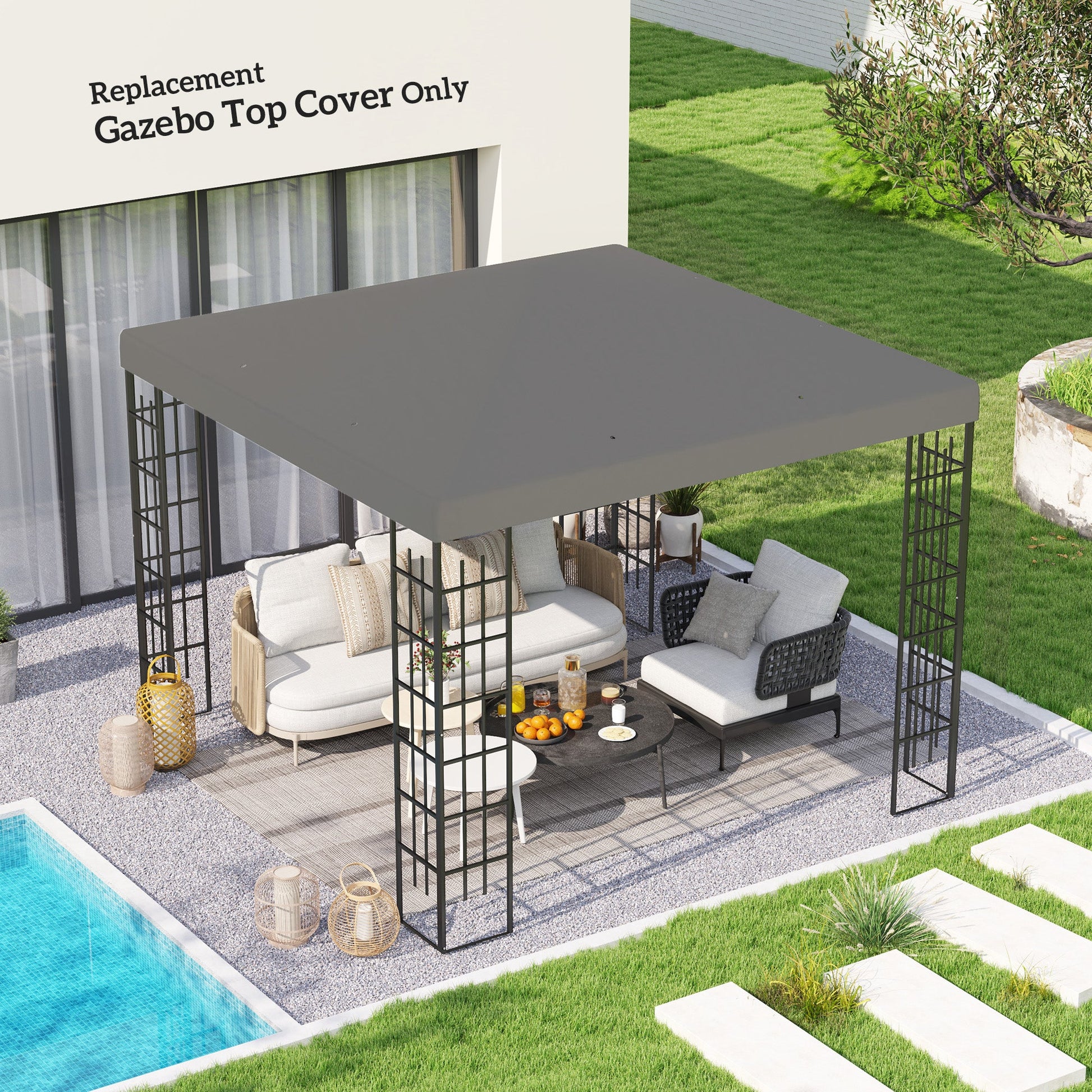 3 x 3(m) Gazebo Canopy Replacement Cover, Garden Gazebo Roof Replacement with Drain Holes, Water Resistant PVC Coating, 370g/㎡, UPF30+, TOP COVER ONLY, Grey