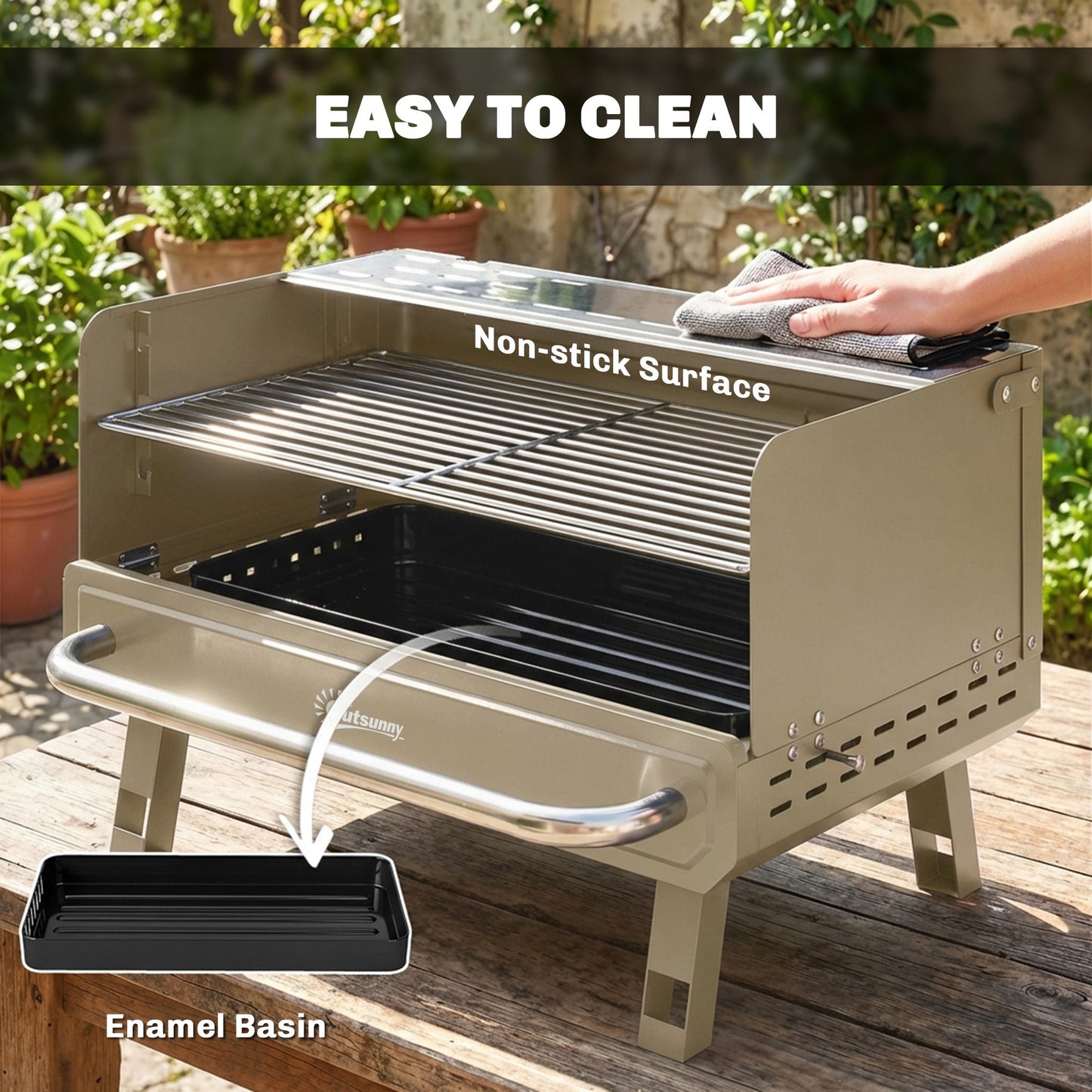 Portable BBQ Grill, Charcoal Barbecue Grill with Adjustable Grates, Foldable Legs and Side Shelf for Camping Hiking Picnic Travel Garden Outdoor Cooking, Khaki