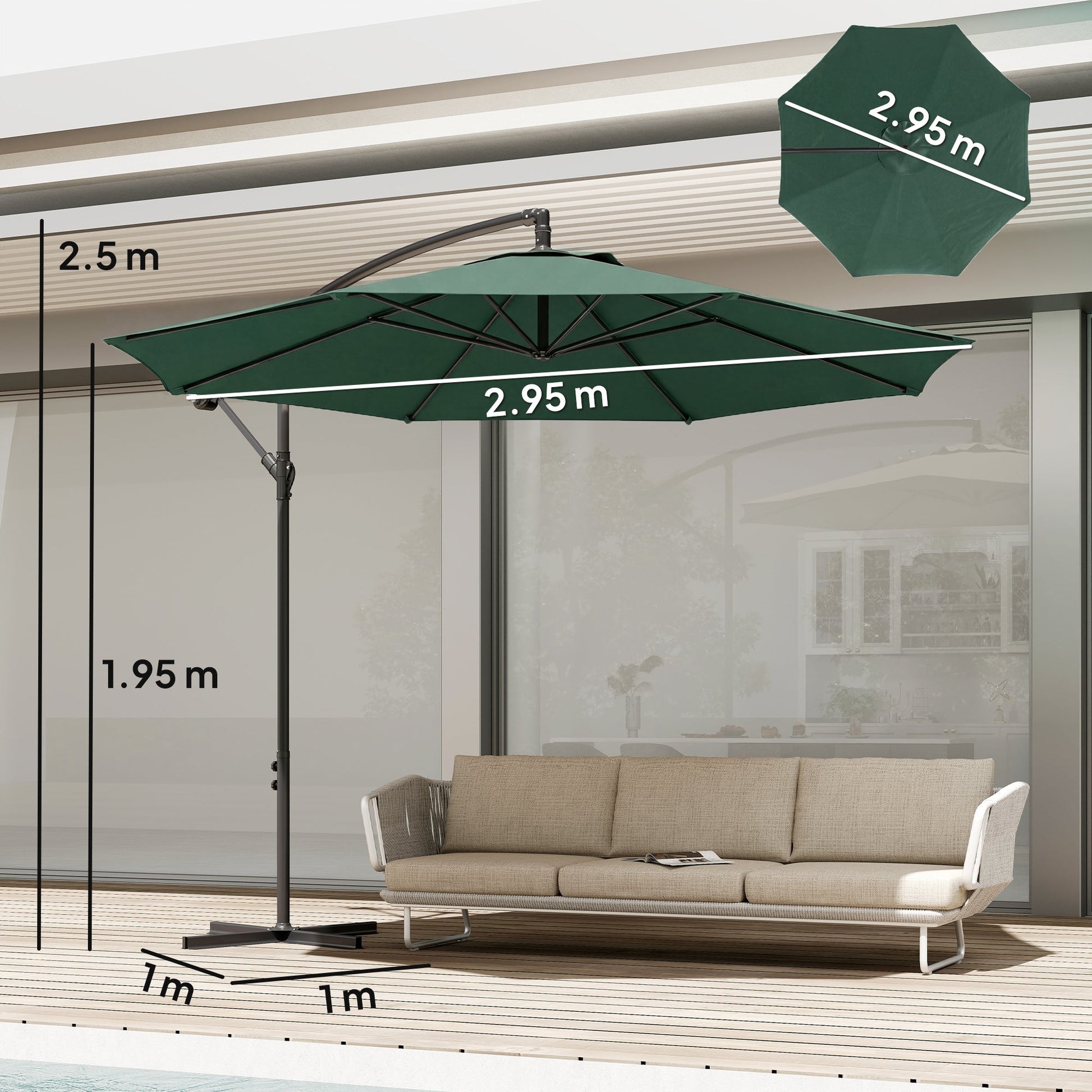3(m) Garden Banana Parasol Hanging Cantilever Umbrella with Crank Handle, 8 Ribs and Cross Base for Outdoor, Sun Shade, Dark Green
