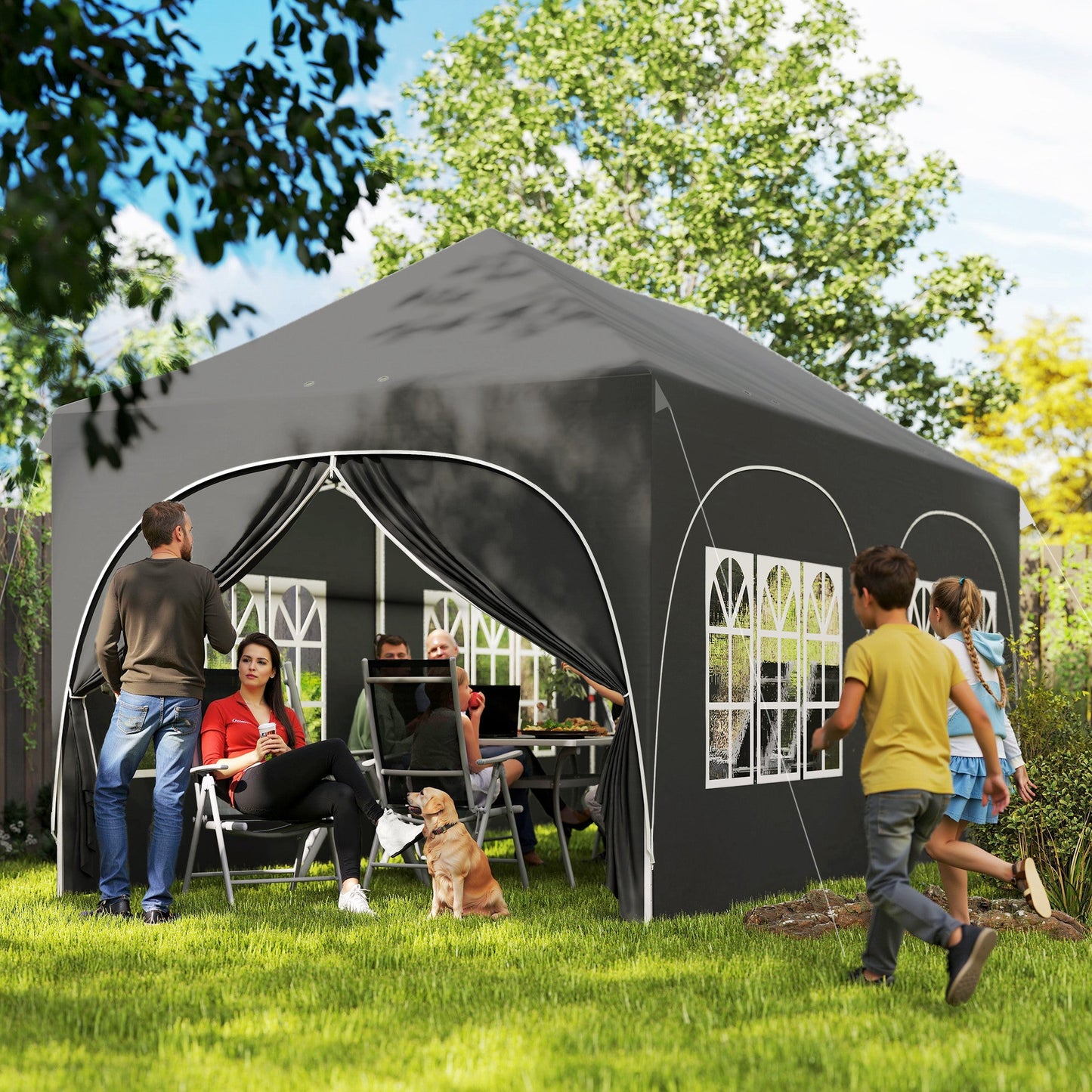 3 x 6m Pop Up Gazebo with Sides, 6 Sandbags, Peak Top Height Adjustable Outdoor Garden Party Tent Marquee Wedding Awning Canopy Instant Event Shelter with Carry Bag, Windows, Dark Grey
