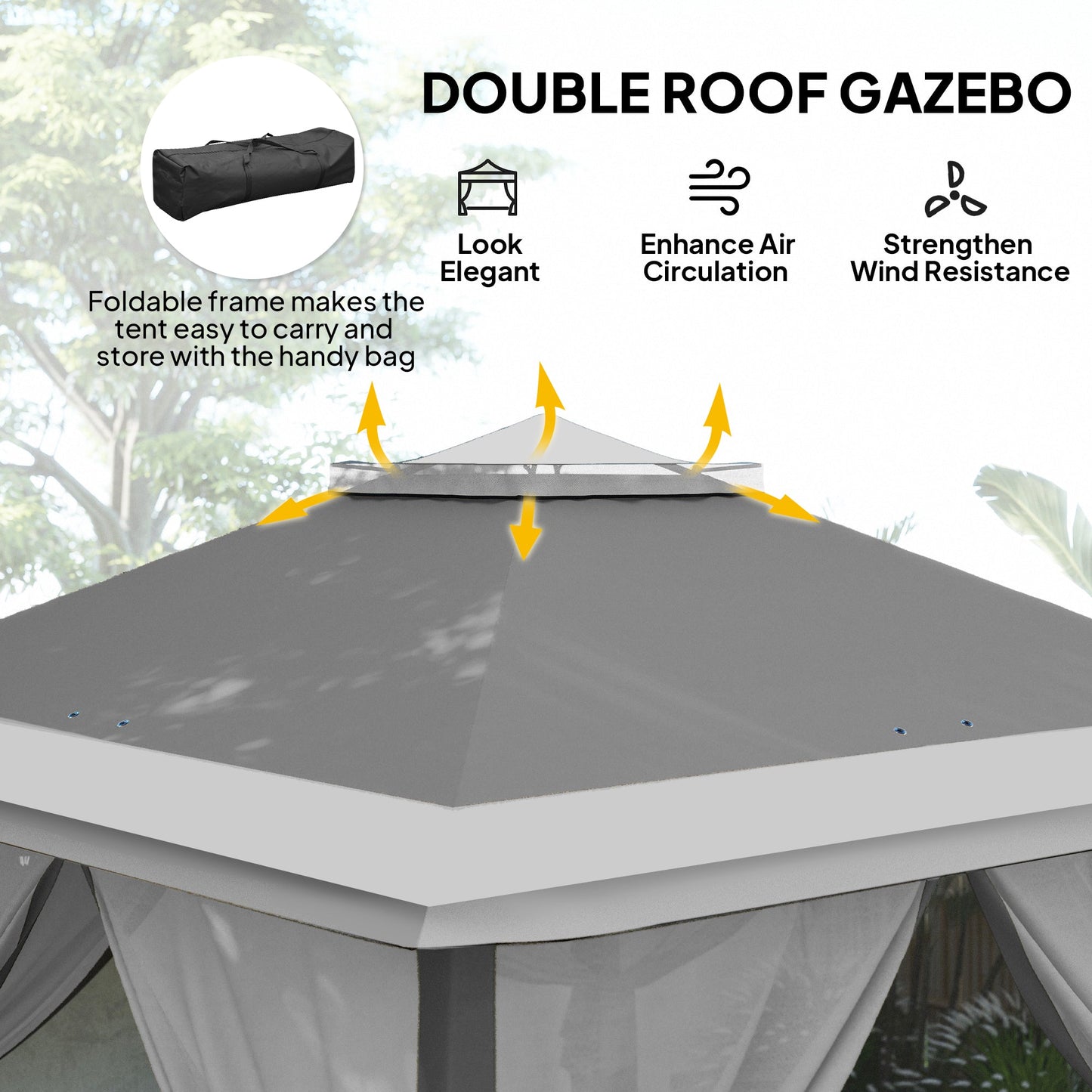3.3 x 3.3m Pop Up Gazebo, Double Roof Foldable Canopy Tent with Zipped Mesh Sidewalls, Height Adjustable and Carrying Bag, Event Tent for Patio Garden, Dark Grey
