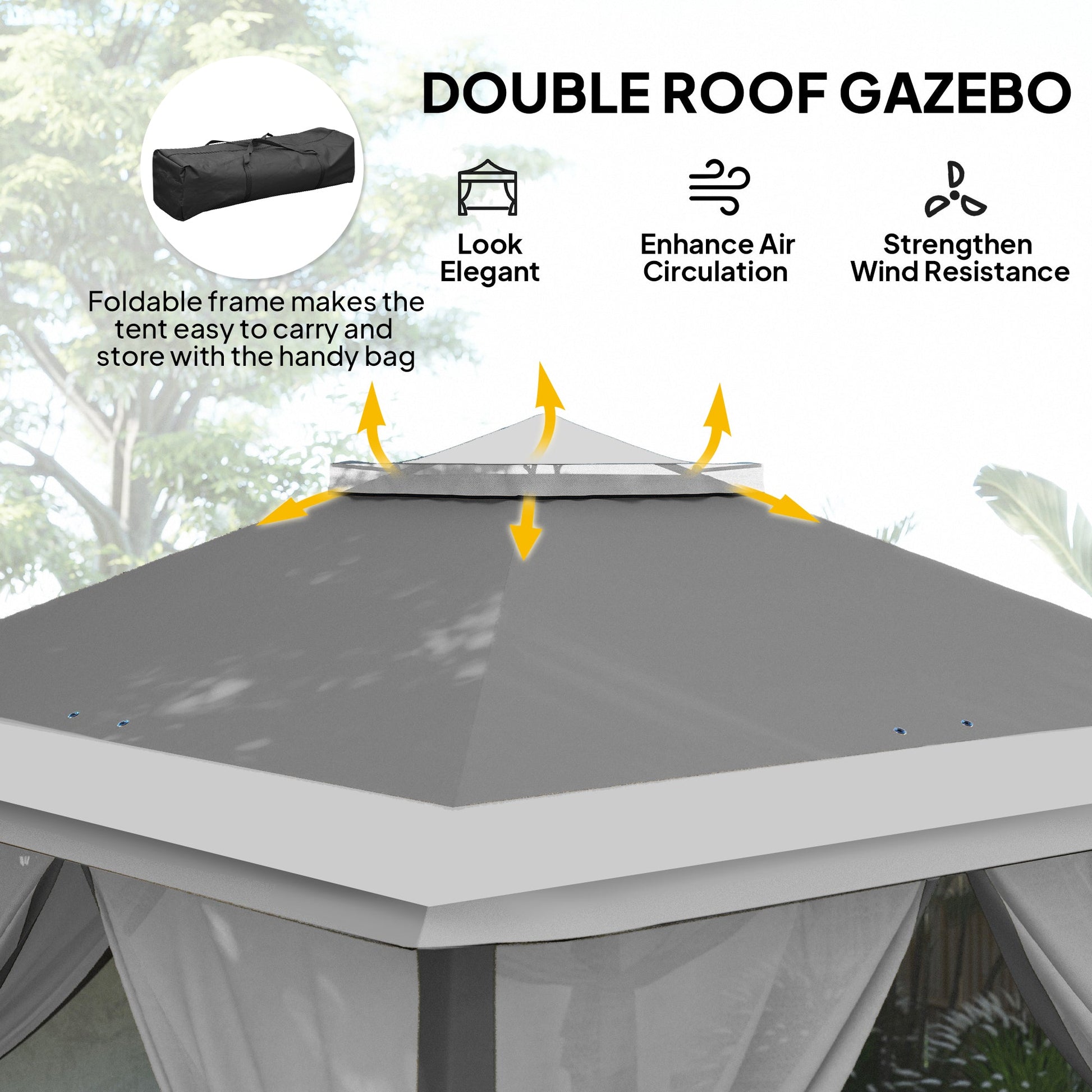 3.3 x 3.3m Pop Up Gazebo, Double Roof Foldable Canopy Tent with Zipped Mesh Sidewalls, Height Adjustable and Carrying Bag, Event Tent for Patio Garden, Dark Grey