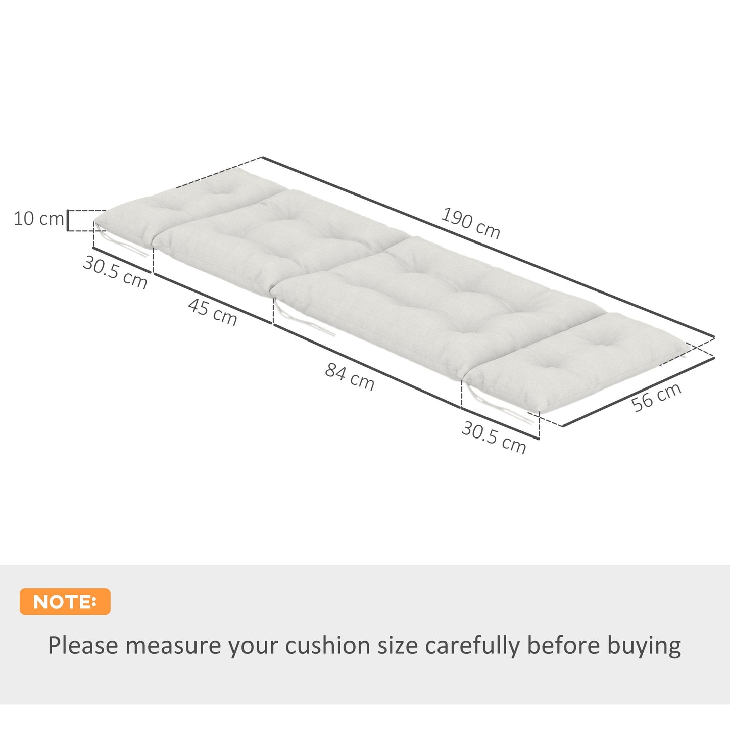 Sun Lounger Cushions Only, 190x56x10cm Garden Lounge Chair Cushions Set of 2, UPF20+ 220gsm Fabric, Thick Sunbed Replacement Pads with 6 Ties, Light Grey