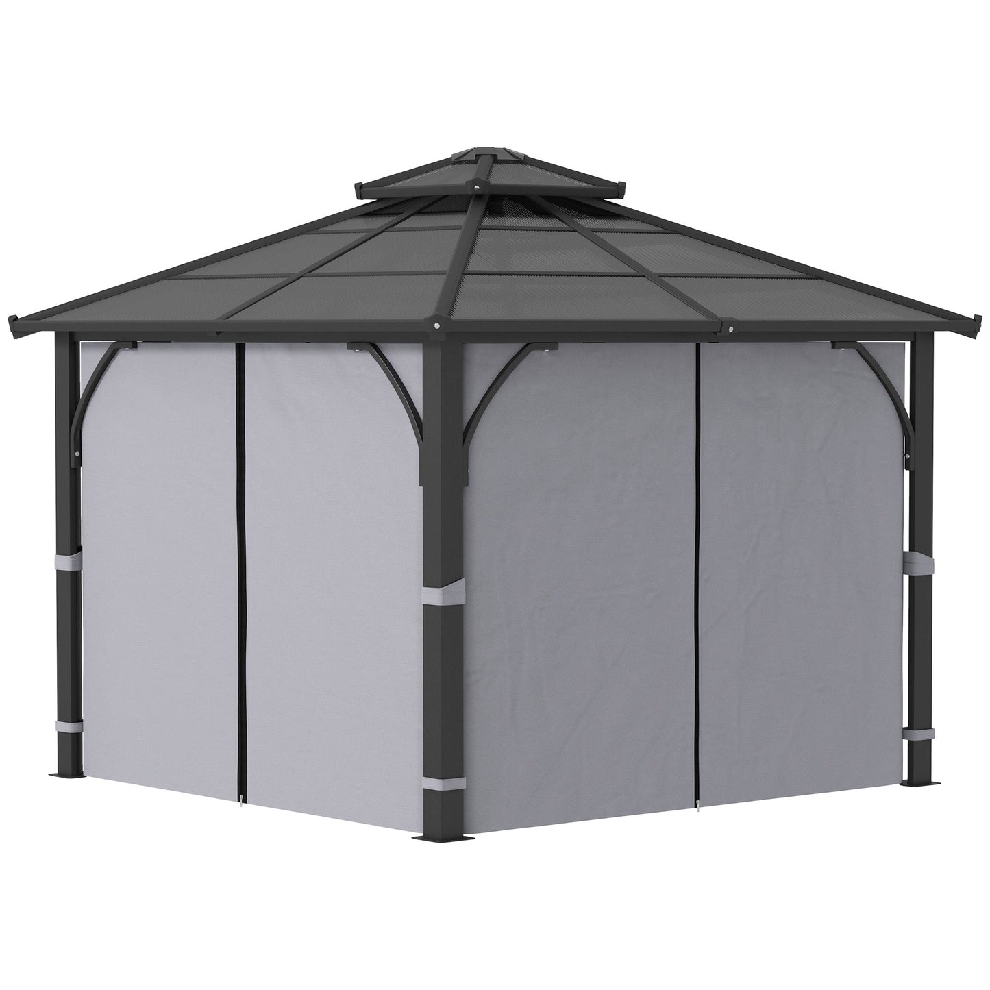 3 x 3(m) Hardtop Gazebo Canopy with 7mm Double Polycarbonate Roof, Garden Gazebo Permanent Pavilion with Mosquito Netting and Curtains for Patio, Deck, Dark Grey