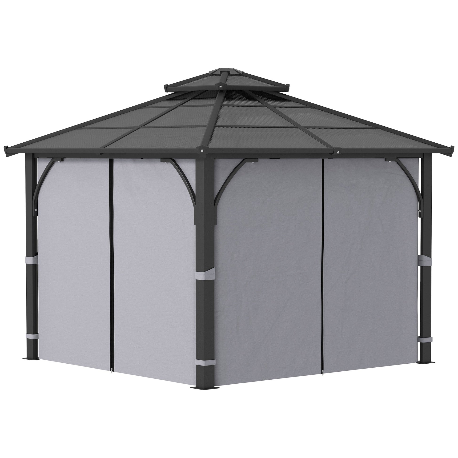3 x 3(m) Hardtop Gazebo Canopy with 7mm Double Polycarbonate Roof, Garden Gazebo Permanent Pavilion with Mosquito Netting and Curtains for Patio, Deck, Dark Grey