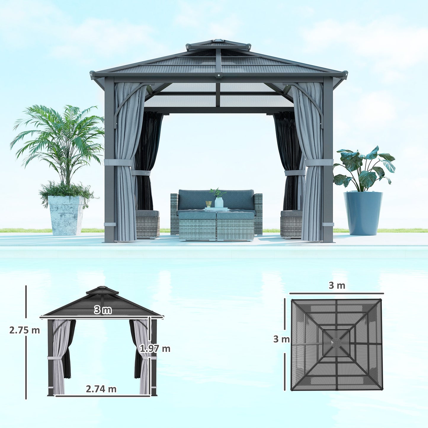 3 x 3(m) Hardtop Gazebo Canopy with 7mm Double Polycarbonate Roof, Garden Gazebo Permanent Pavilion with Mosquito Netting and Curtains for Patio, Deck, Dark Grey