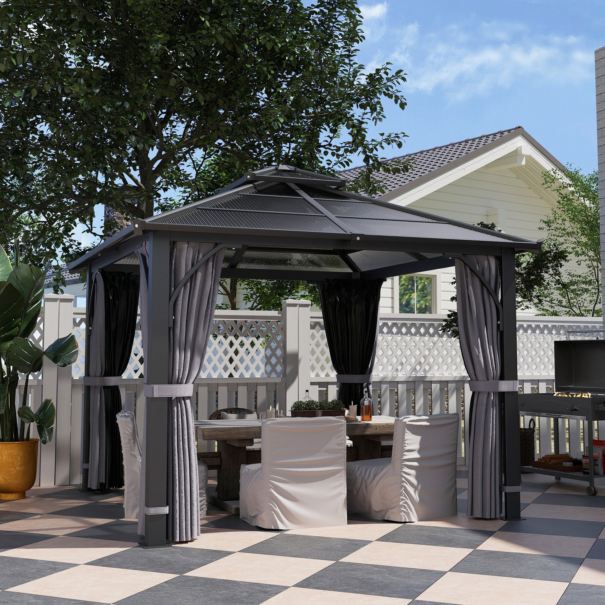 3 x 3(m) Hardtop Gazebo Canopy with 7mm Double Polycarbonate Roof, Garden Gazebo Permanent Pavilion with Mosquito Netting and Curtains for Patio, Deck, Dark Grey