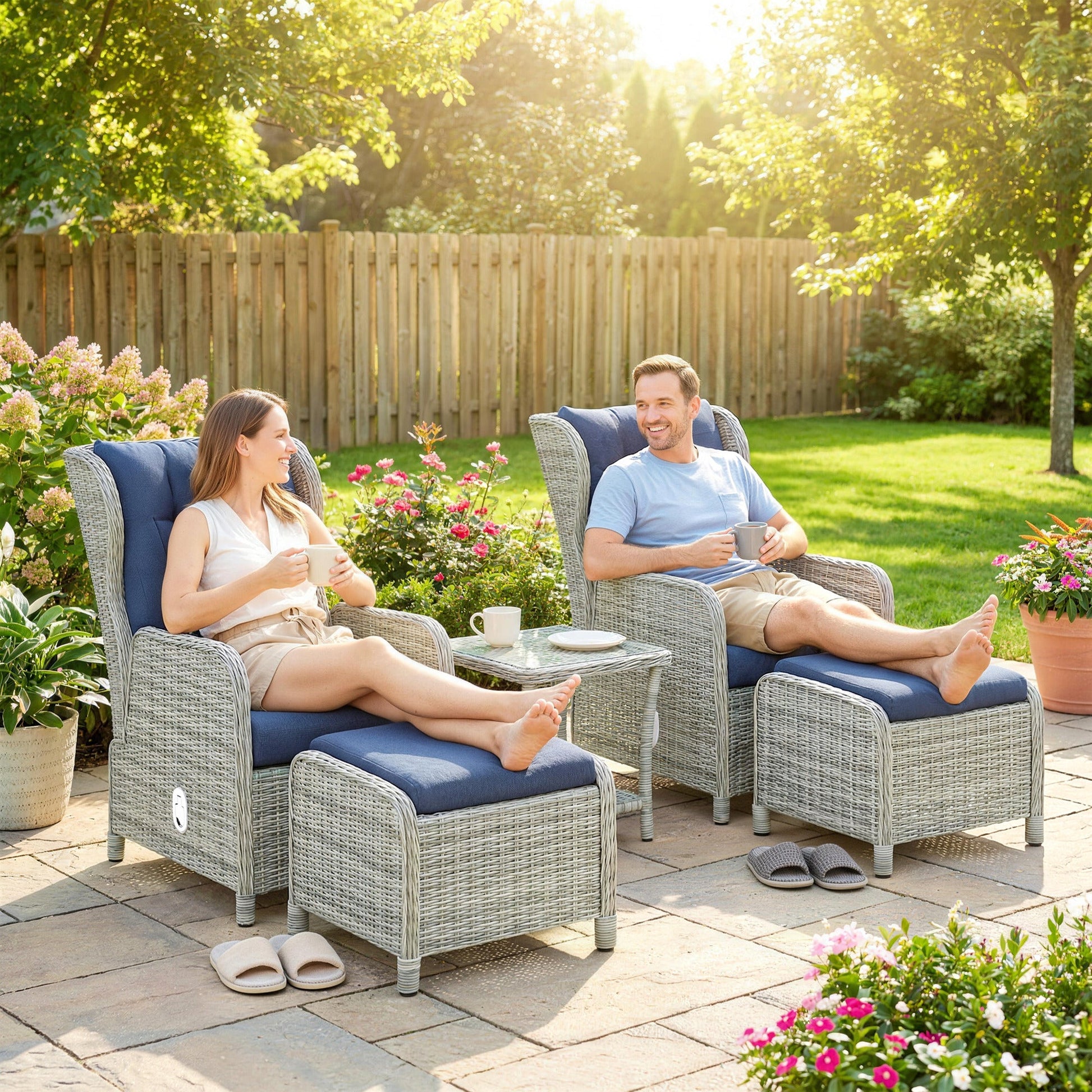 5 Piece Garden Furniture Set, Rattan Reclining Garden Chair Set of 2 with Glass-Top Coffee Table, Footstool and Thickness Cushion for Balcony, Patio, Dark Blue