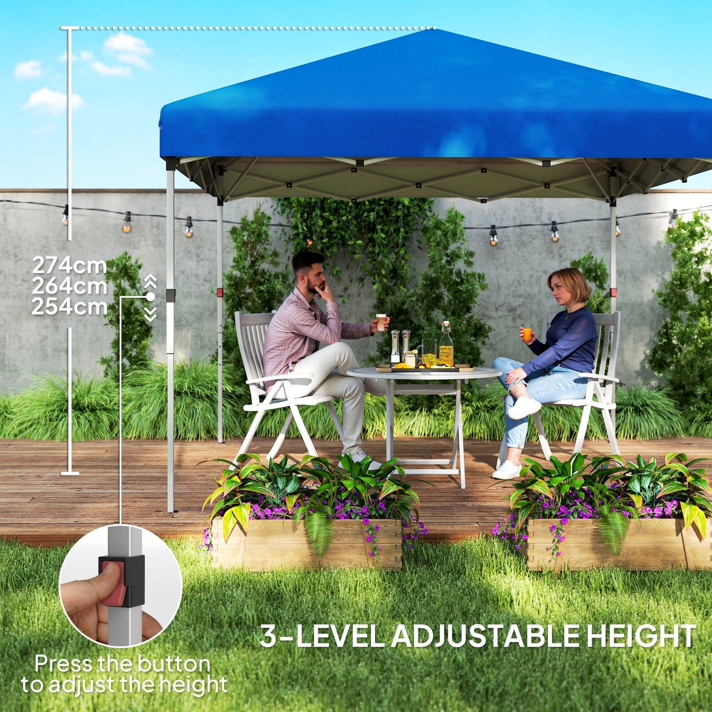 3 x 3 (M) Pop Up Gazebo, UPF 30+ with 2 Sidewalls, Leg Weight Bags and Wheeled Bag, Height Adjustable Party Tent Event Shelter for Garden, Patio, Blue