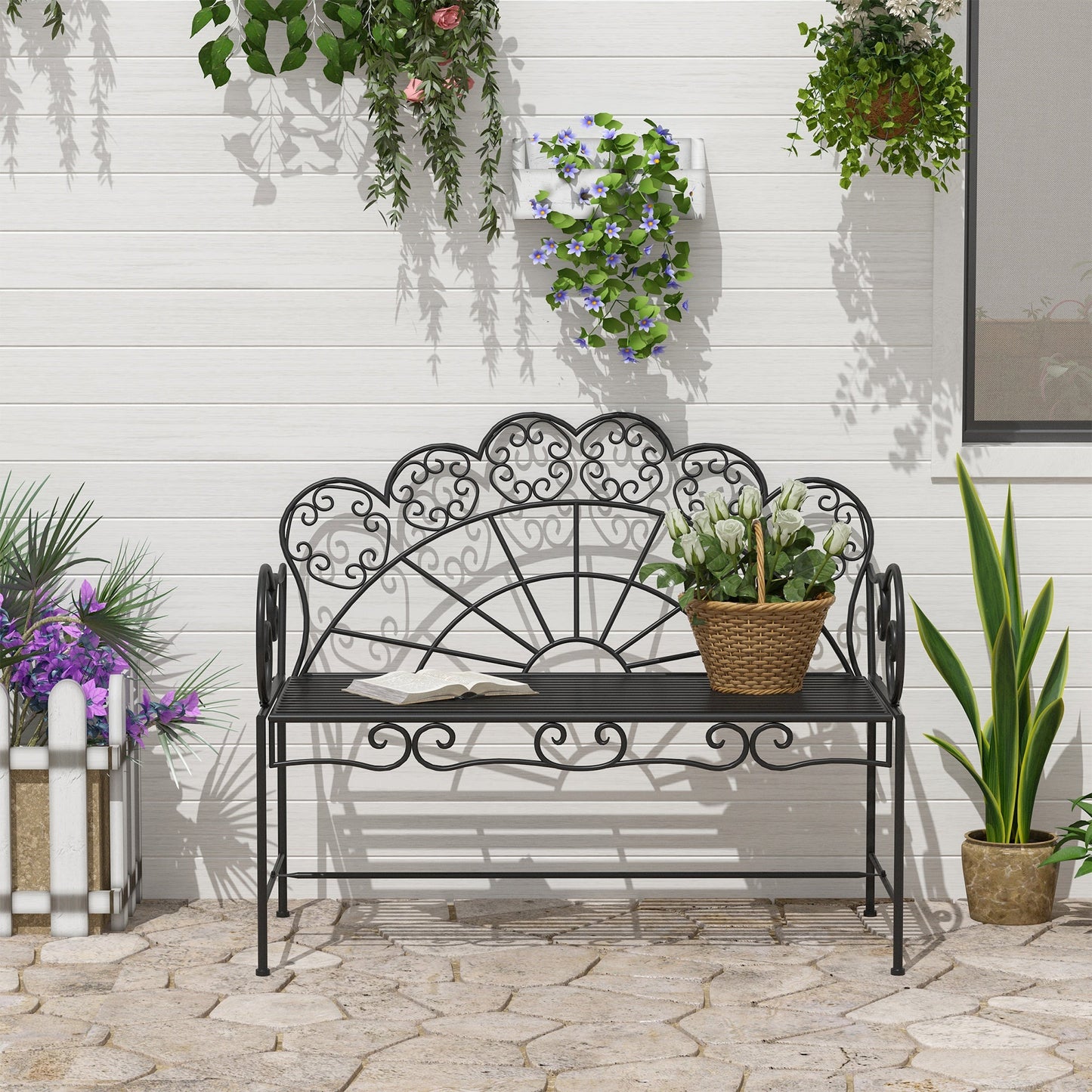 Garden Bench, 2 Seater Outdoor Patio Bench, Metal Garden Loveseat with Slatted Seat, 200 KG Capacity for Park Balcony Porch, 107 x 55.5 x 92 cm, Black