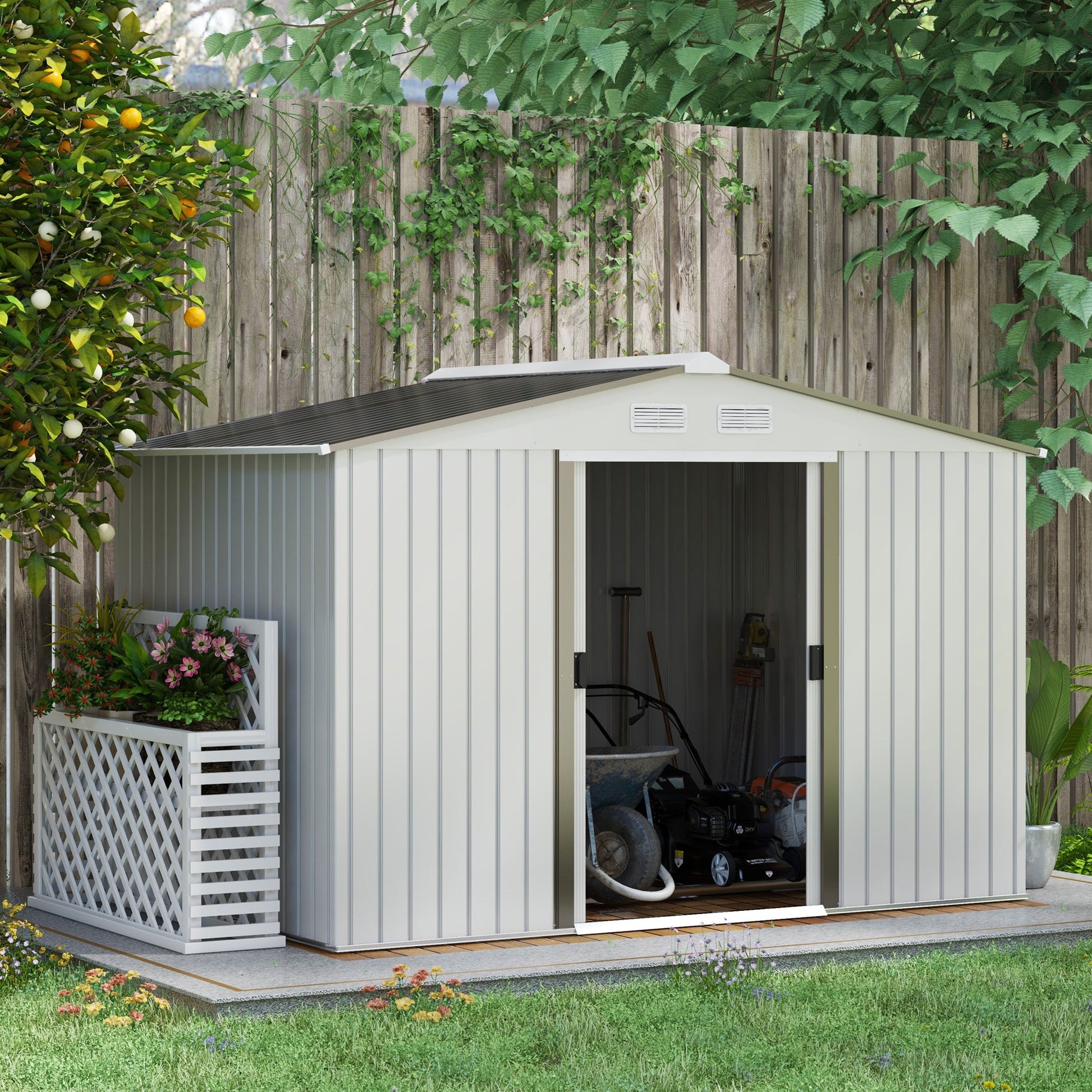 9 x 6ft Metal Garden Shed, Outdoor Storage Tool House with Ventilation Slots, Foundation Kit and Lockable Double Doors, Silver