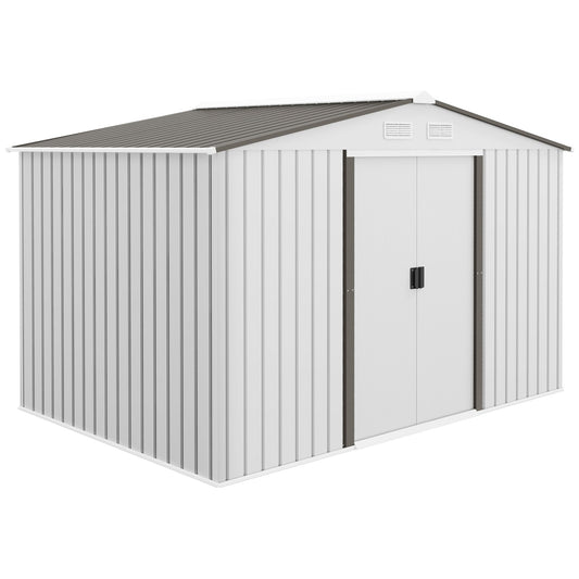 9 x 6ft Metal Garden Shed, Outdoor Storage Tool House with Ventilation Slots, Foundation Kit and Lockable Double Doors, Silver