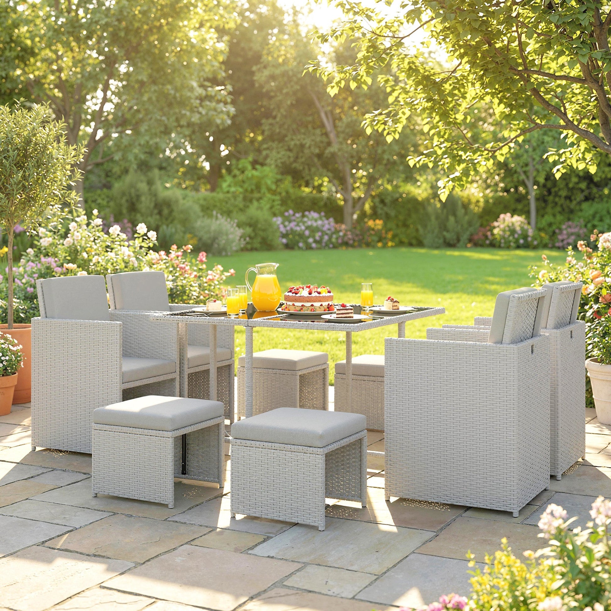 8 Seater Rattan Cube Garden Furniture Set, Space Saving Outdoor Dining Set with Cushions, Garden Table and Chairs with 4 Armchairs, 4 Footstools, Square Glass Top Table, Light Grey