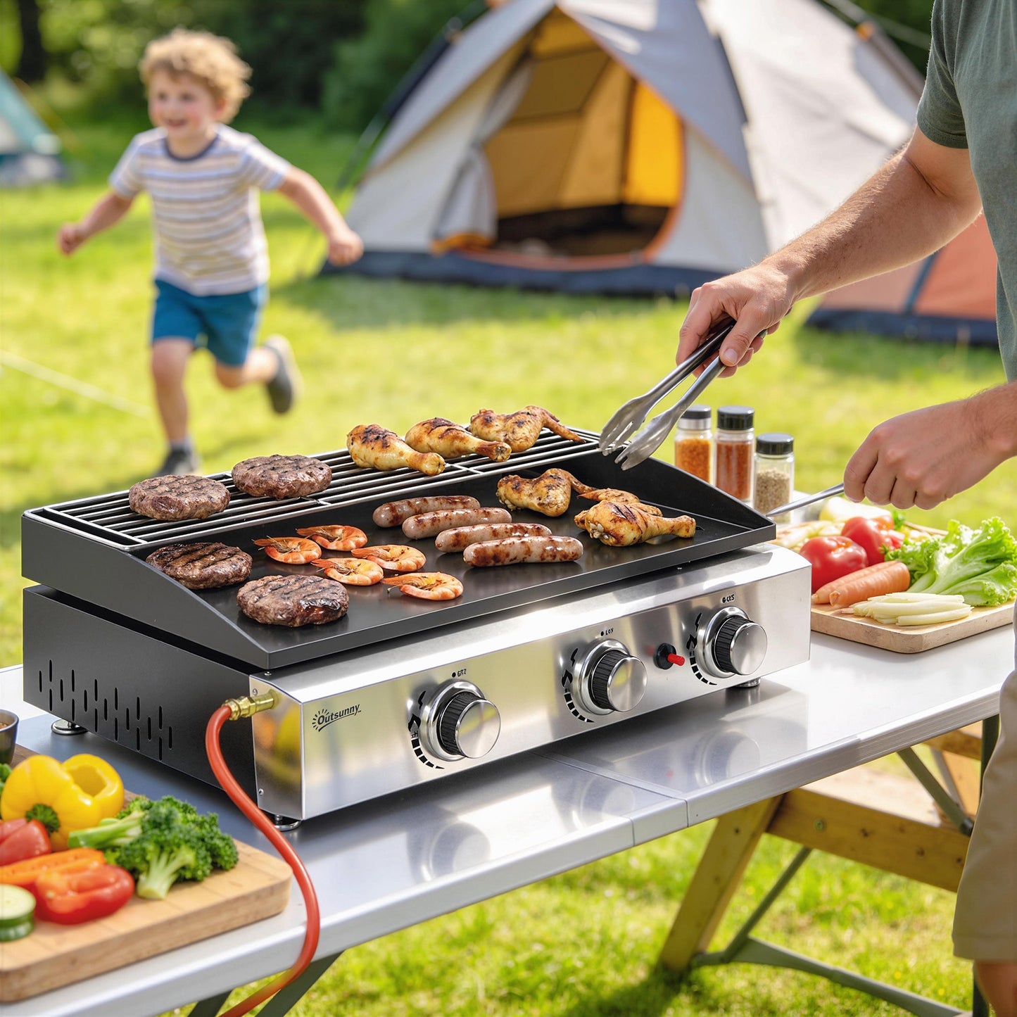 3 Burner Grill Griddle, Portable Gas Plancha with Warming Rack, 7.5 kW, Tabletop Gas BBQ with Grease Cup for Camping Picnic Patios, Black