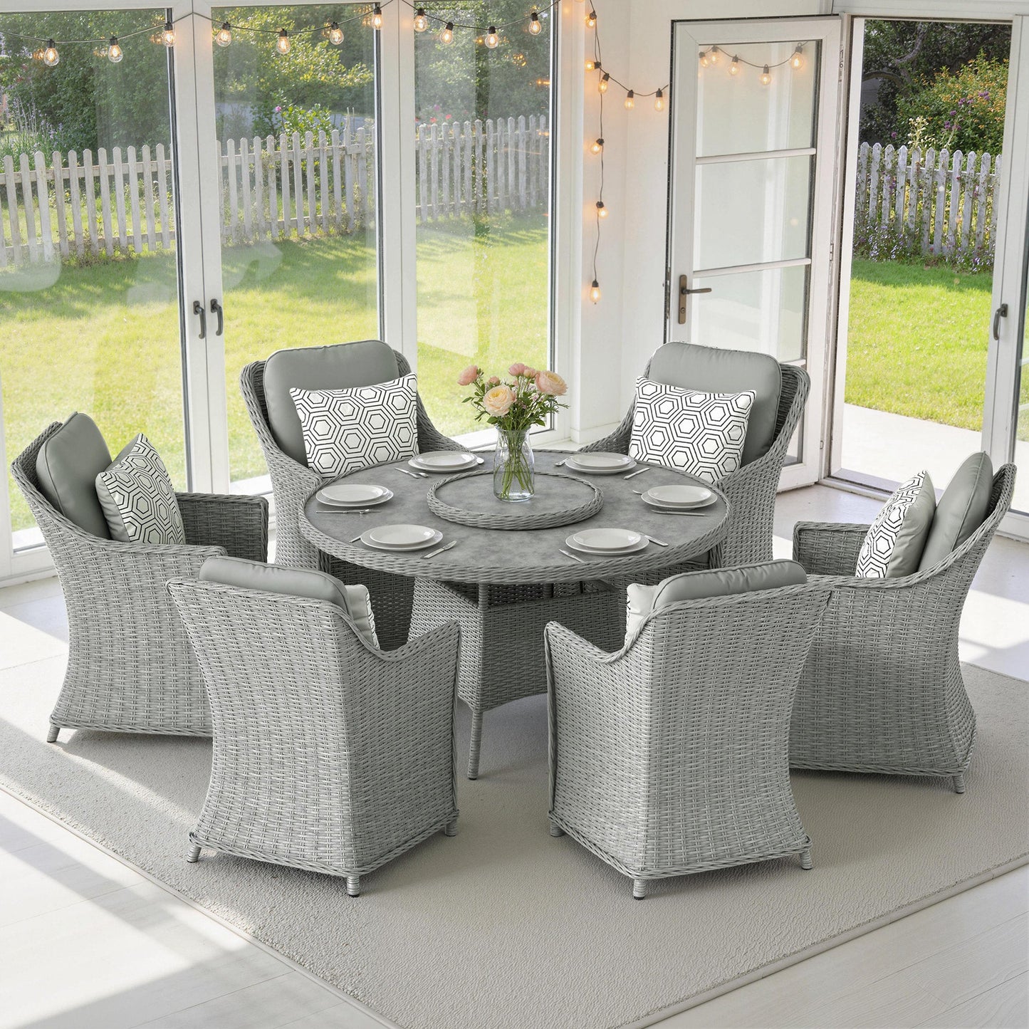 6 Seater Rattan Garden Dining Set with Lazy Susan, Round Garden Table and Chairs with Marble Effect Glass Table, Cushions and Pillows, Aluminium Frame Outdoor Furniture Set for Patio, Grey