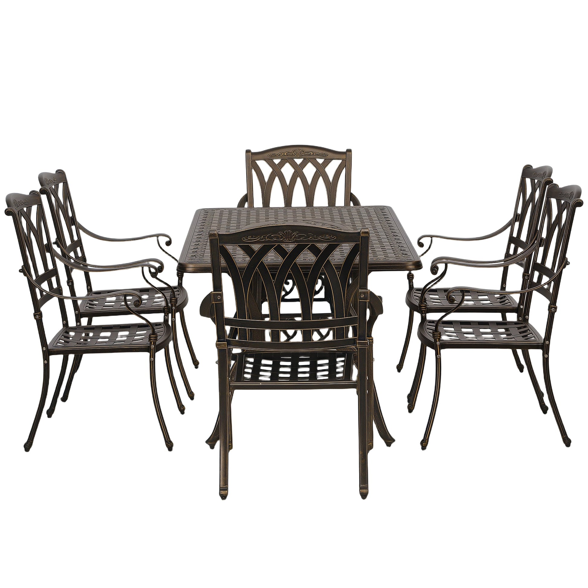 7 Pieces Cast Aluminium Garden Dining Set, 6 Seater Garden Table and Chairs with Parasol Hole, Outdoor Garden Furniture Set with Cushions for Patio, Bronze Tone