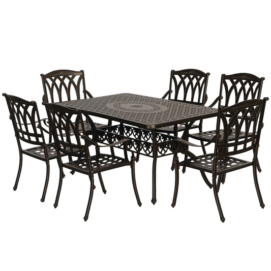 7 Pieces Cast Aluminium Garden Dining Set, 6 Seater Garden Table and Chairs with Parasol Hole, Outdoor Garden Furniture Set with Cushions for Patio, Bronze Tone