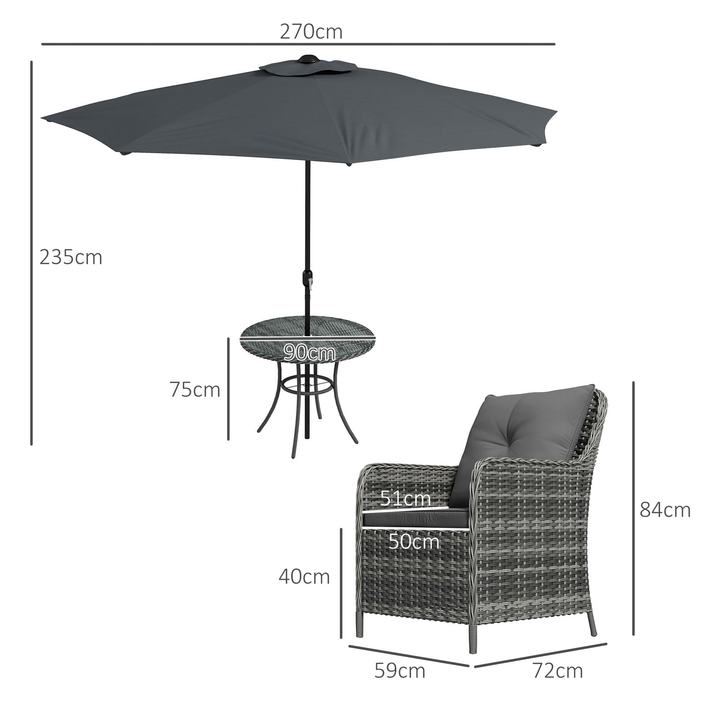 4 Seater Rattan Dining Set with Parasol, Luxury Rattan Garden Furniture Set with Seat and Back Cushions, Outdoor Table and Chairs, Round Glass Top Table, Mixed Grey