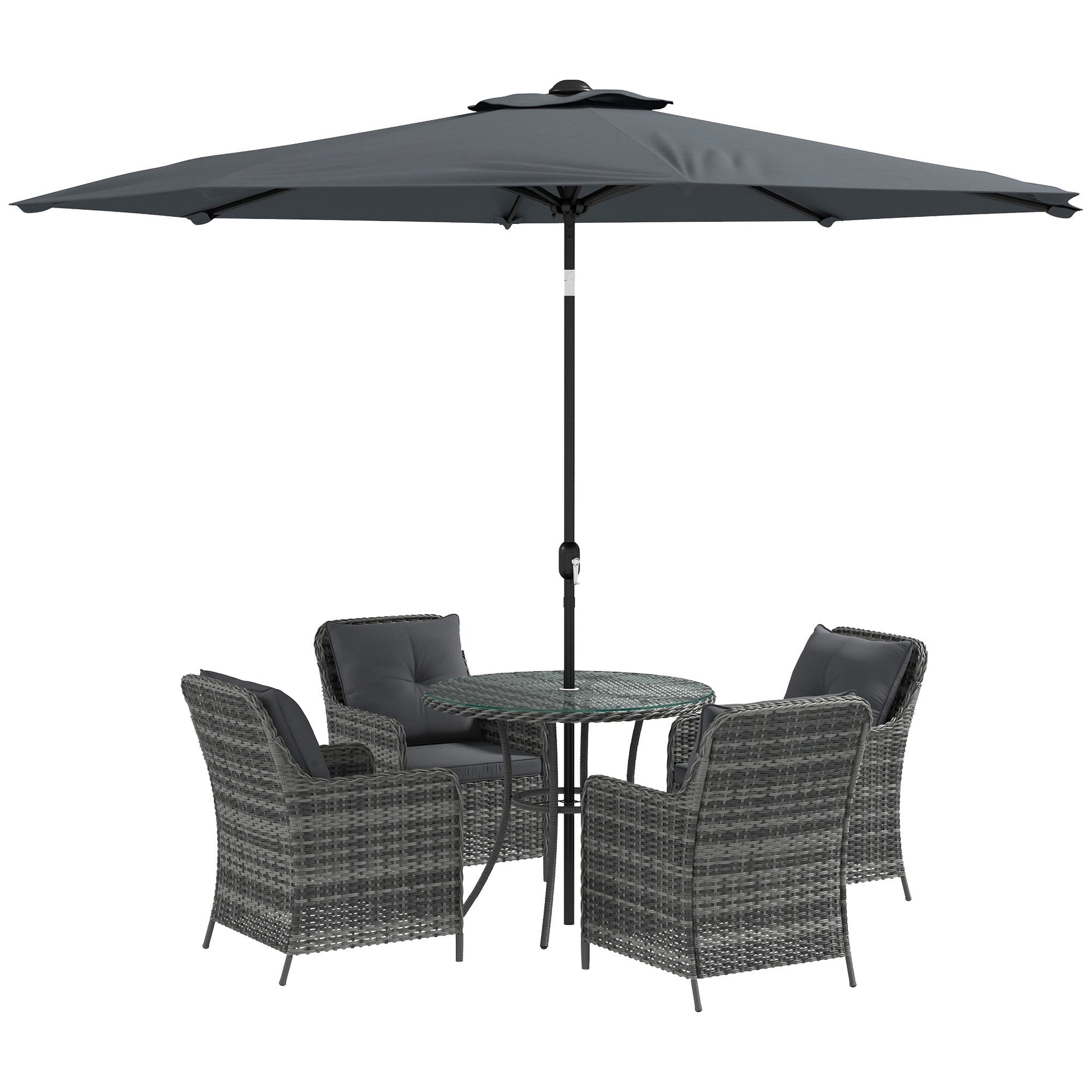 4 Seater Rattan Dining Set with Parasol, Luxury Rattan Garden Furniture Set with Seat and Back Cushions, Outdoor Table and Chairs, Round Glass Top Table, Mixed Grey