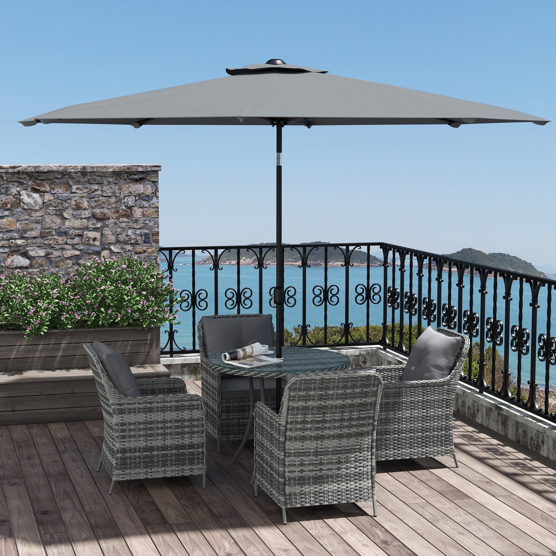 4 Seater Rattan Dining Set with Parasol, Luxury Rattan Garden Furniture Set with Seat and Back Cushions, Outdoor Table and Chairs, Round Glass Top Table, Mixed Grey