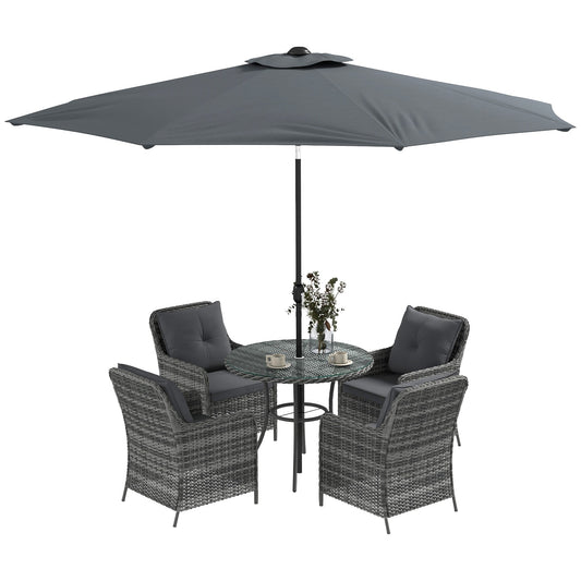 4 Seater Rattan Dining Set with Parasol, Luxury Rattan Garden Furniture Set with Seat and Back Cushions, Outdoor Table and Chairs, Round Glass Top Table, Mixed Grey