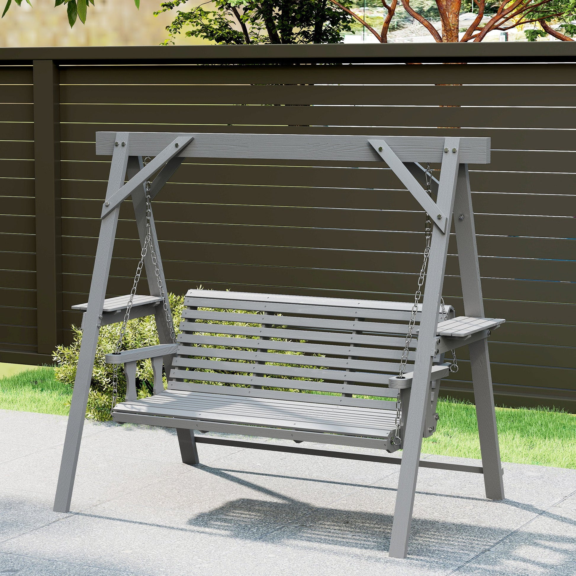 3 Seater Garden Swing Seat, Wooden Swing Chair Bench with Side Tables and Metal Chains, for Outdoor Porch Patio, Dark Grey