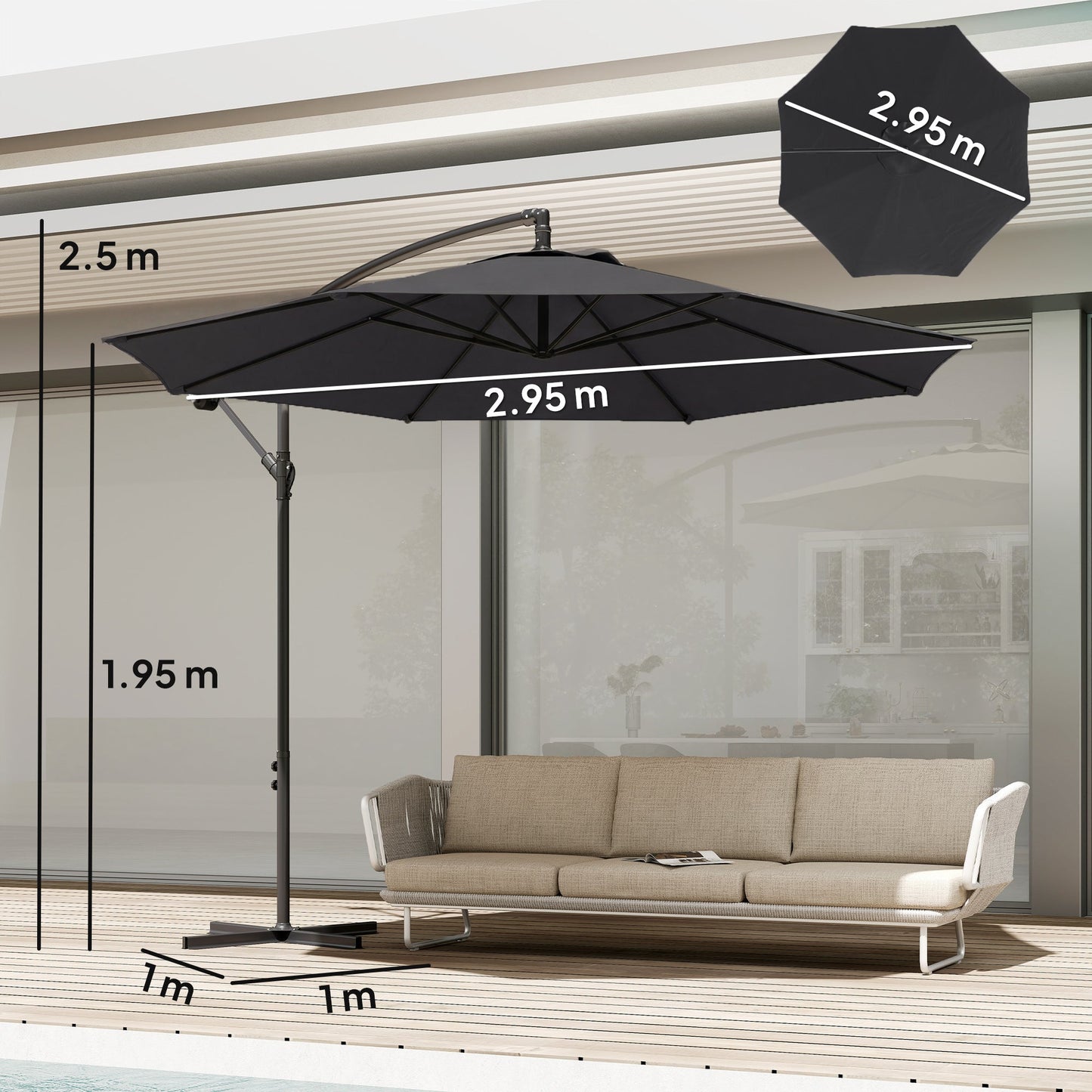 3(m) Garden Banana Parasol Hanging Cantilever Umbrella with Crank Handle, 8 Ribs and Cross Base for Outdoor, Sun Shade, Black