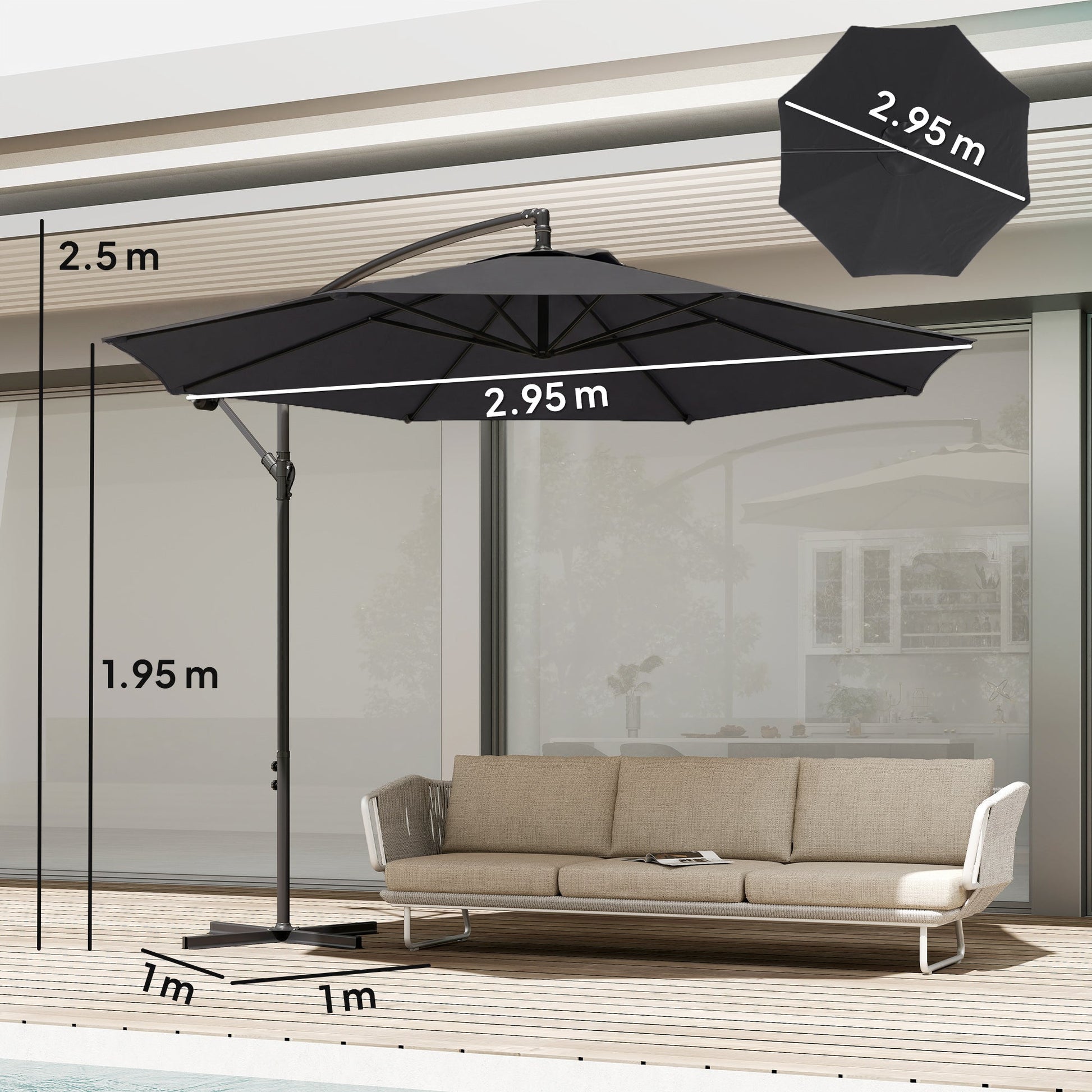 3(m) Garden Banana Parasol Hanging Cantilever Umbrella with Crank Handle, 8 Ribs and Cross Base for Outdoor, Sun Shade, Black
