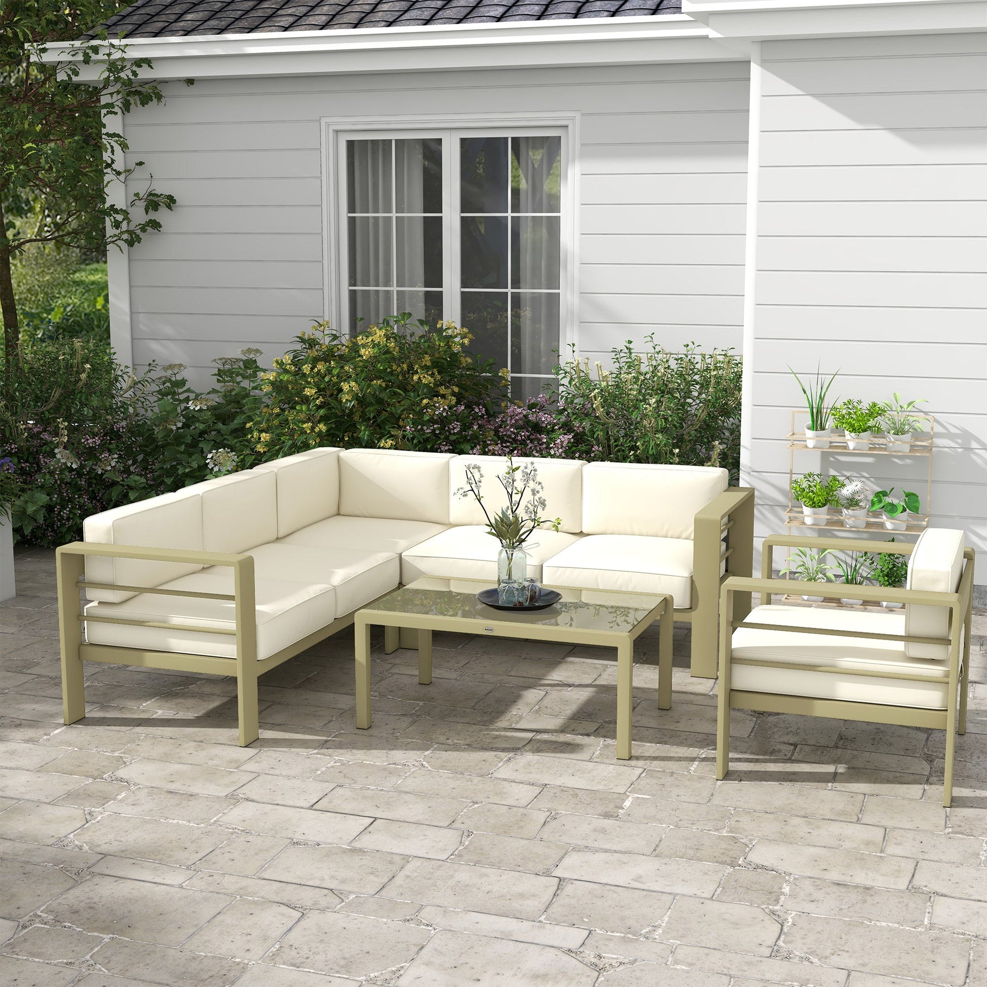 5-Piece Garden Sofa Set with Cushions, 6 Seater Aluminium Garden Furniture Set with Glass Top Coffee Table, Patio Sectional Conservatory Furniture for Patio & Terrace, Gold Tone